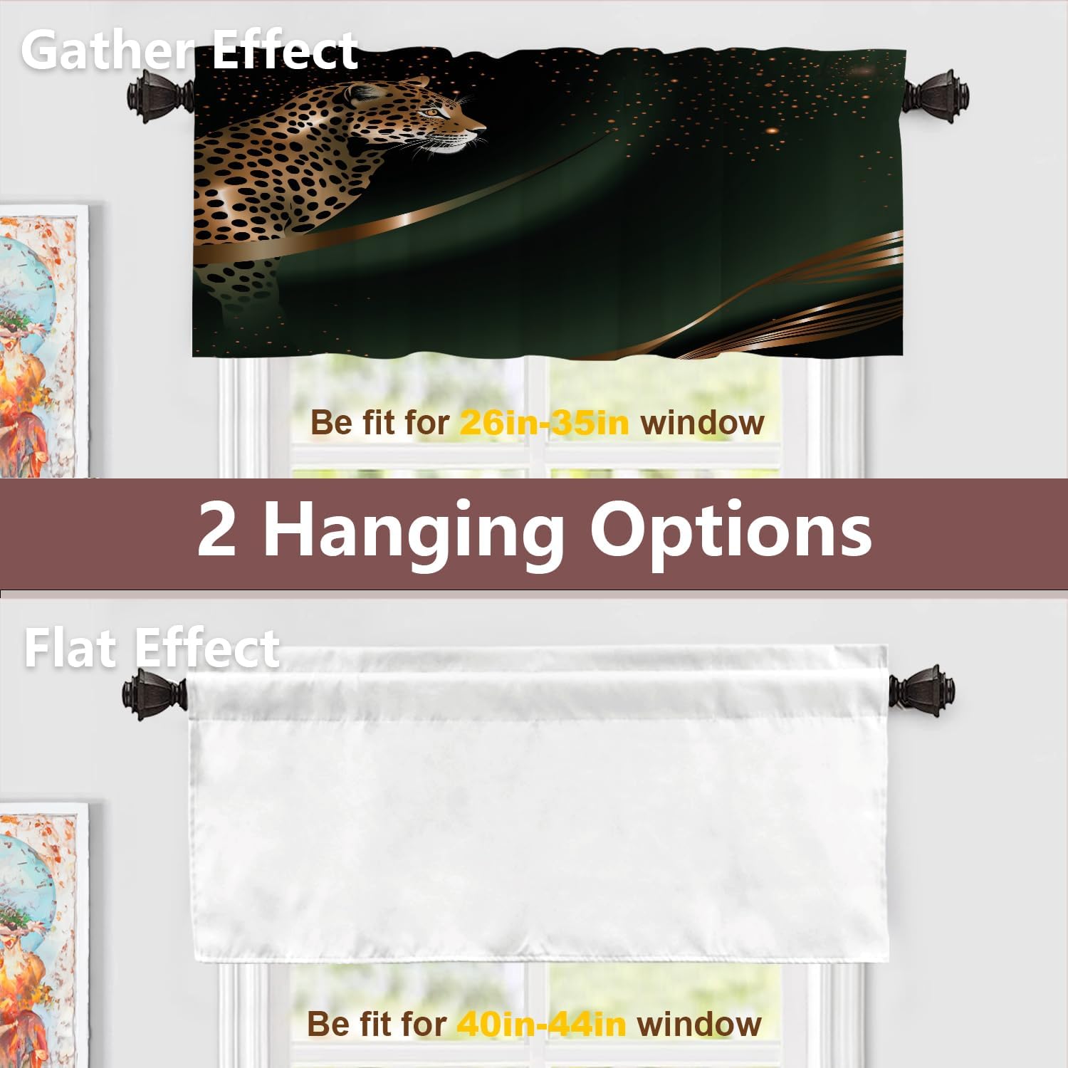Batmerry Leopard Sparkles Kitchen Curtains, Animal Wild Cat Window Treatments Blackout Valance Curtain for Living Room/Bathroom, 2 Pack 52X18 Inches