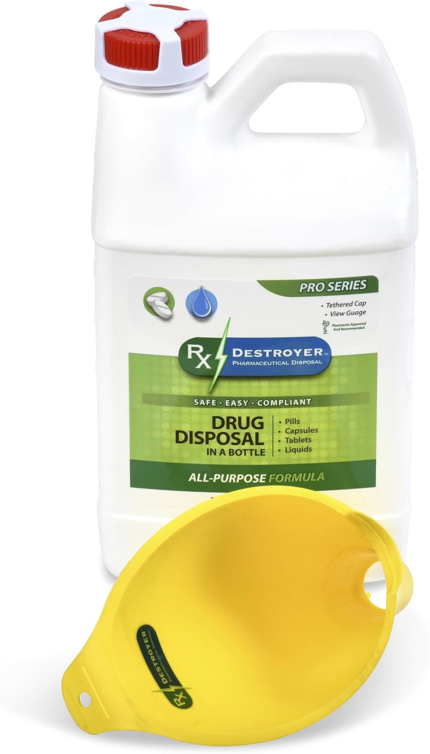 RX Destroyer Medication Drug Deactivation and Disposal System Bottle Bundle with RX64PRO 64 oz Bottle and 1 Custom Funnel Ready to Use Non-Toxic Eco-Friendly Pill Destroyer System