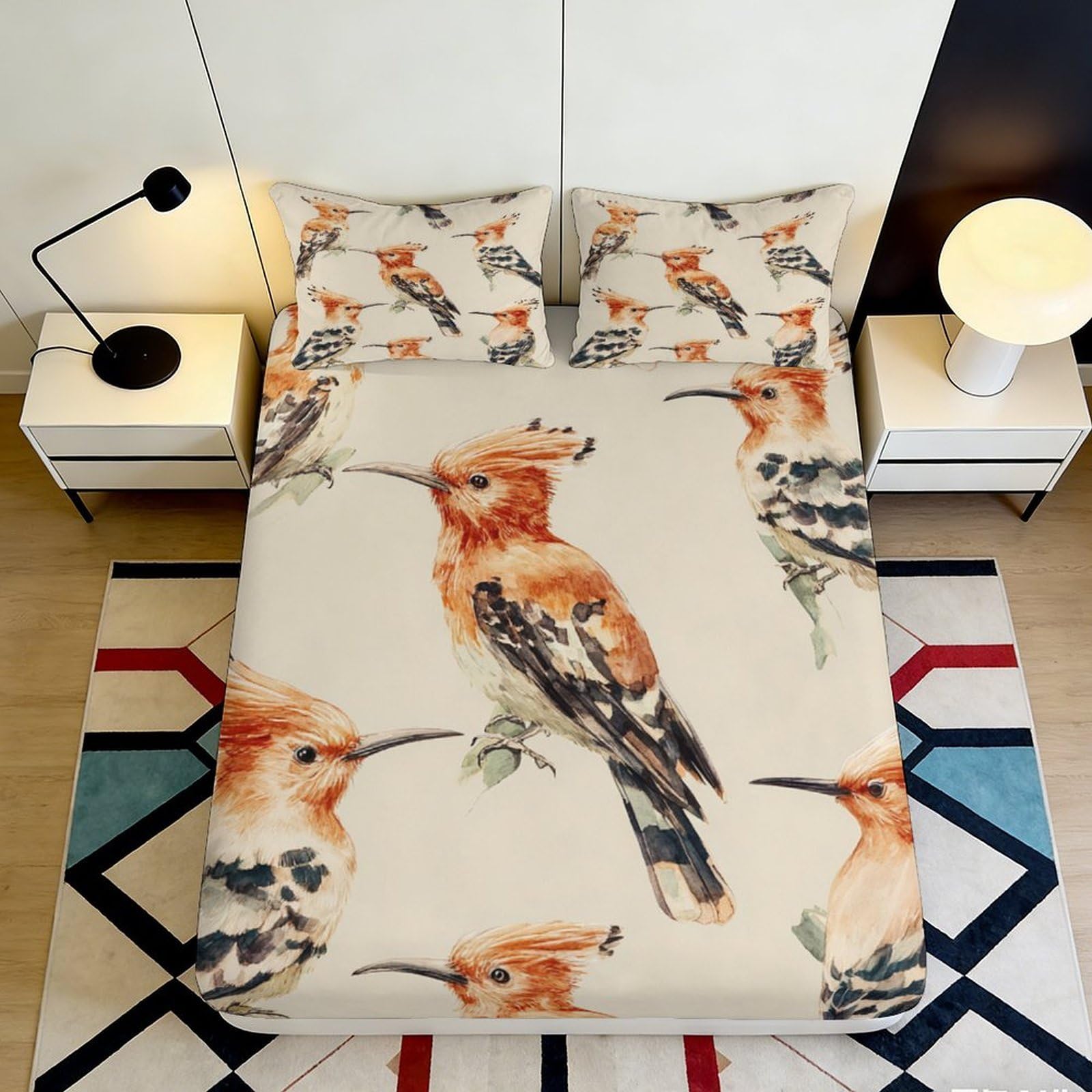 3D Printed Bird Pattern Fitted Sheet Microfiber Deep Pocket Bedroom Bedding Bird Mattress Fitted Cover Non-Slip Full Wrap Washable for All Ages 90x200x25cm
