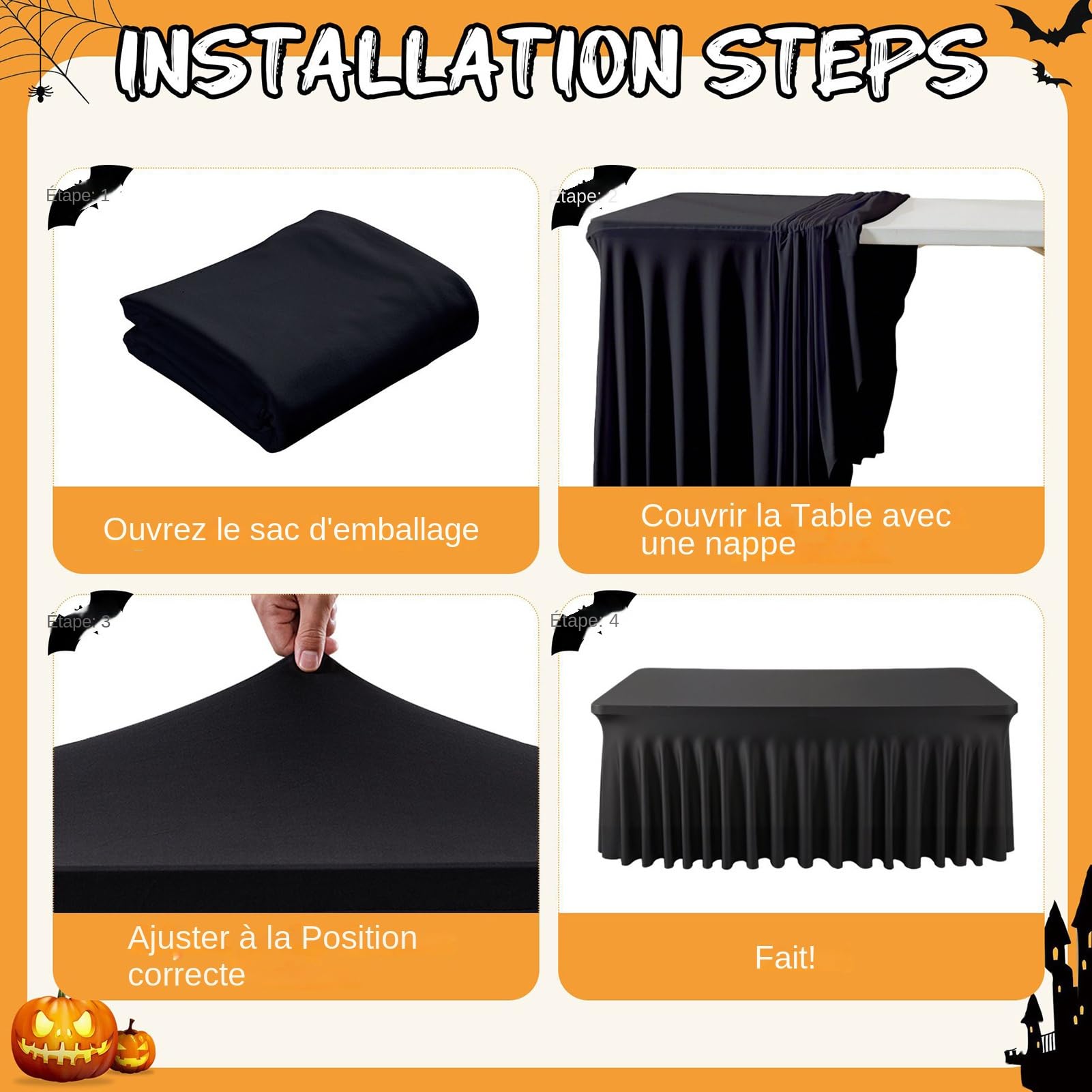 Générique Gonna da tavolo arricciata, gonna per ufficio di nozze, tavolo 1,8 m nero piegato a balze decorazione per Halloween Shower Matrimonio Banchetto Buffet Compleanno Festa Poliestere
