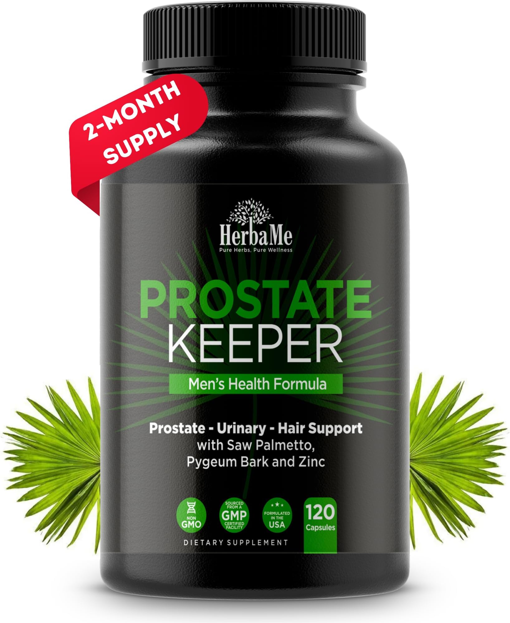 HerbaMe Prostate Keeper, Prostate Support Supplement for Men with Saw Palmetto, Pygeum Bark, Pumpkin Seed and Zinc, Urinary Tract Health and Hair Growth, DHT Blocker and Bladder Control, 120 Capsules