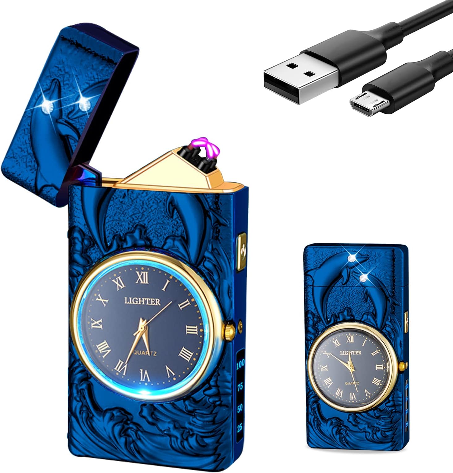 YOZWOO Electric Lighter Arc Lighters Rechargeable USB Lighter Plasma Windproof Flameless Candle Lighters with Dolphin LED Flashlight for Outdoor BBQ, Hiking, Camping(Blue)