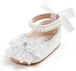 Spring & Summer Baby Girl Satin Princess Shoes- Infant Mary Jane First Walkers with Soft Sole, Pearl & Bow for 0-18 Months