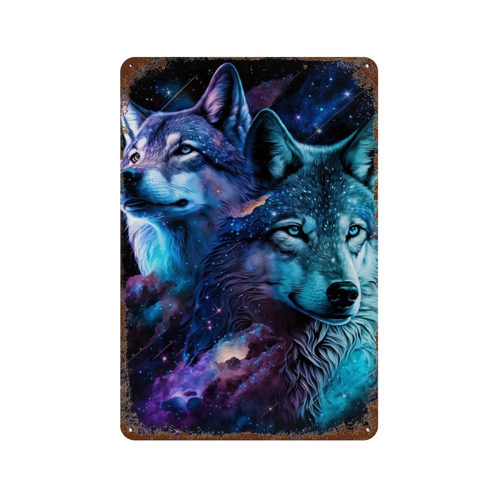 Cosmic Wolf Pair Art Print Weathered Tin Sign 11.8"x7.9", Retro Wall Decor for Pub, Kitchen And Man Cave Decor