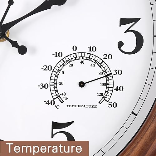 Miniatura 5 de Reloj de pared de madera de 13.5 pulgadas con temperatura y humedad, relojes de pared de madera retro, movimiento de barrido grande, reloj de pared
