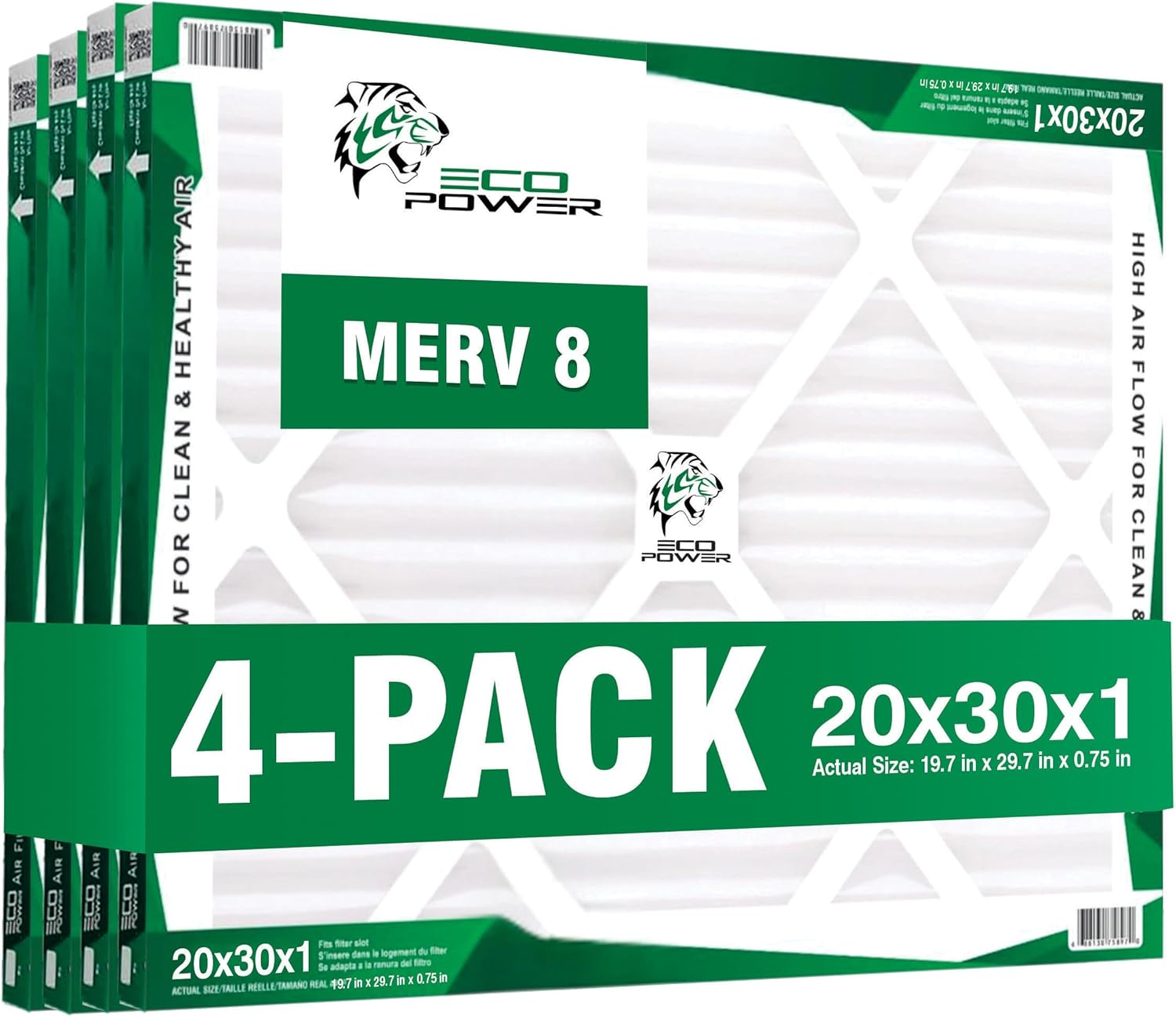 20x30x1 Air Filter MERV 8 (4-Pack) - Pleated Air Conditioner HVAC AC Furnace Air Filters Replacement, Comparable to MPR 600 & FPR 5, SB18655