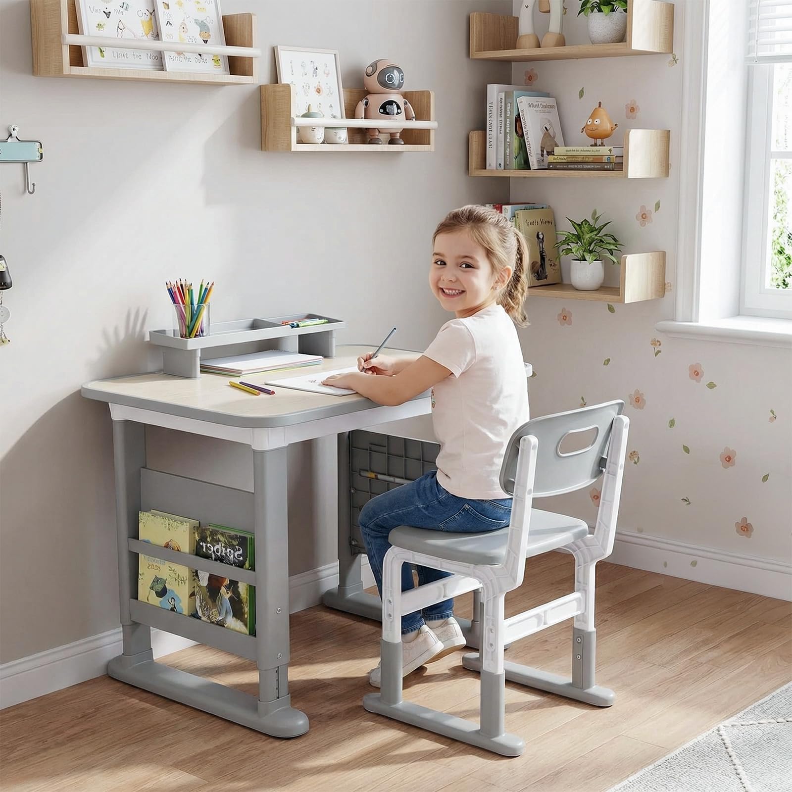 MAMIZO Höhenverstellbarer Kinderschreibtisch mit Stuhl Set, Graffiti-Tisch von 3-12 Jahren, Schreibtisch Kinder mit Seiten-Bücherregal & Ablagekasten, Ideal für Kinderzimmer & Arbeitszimmer (Grau)