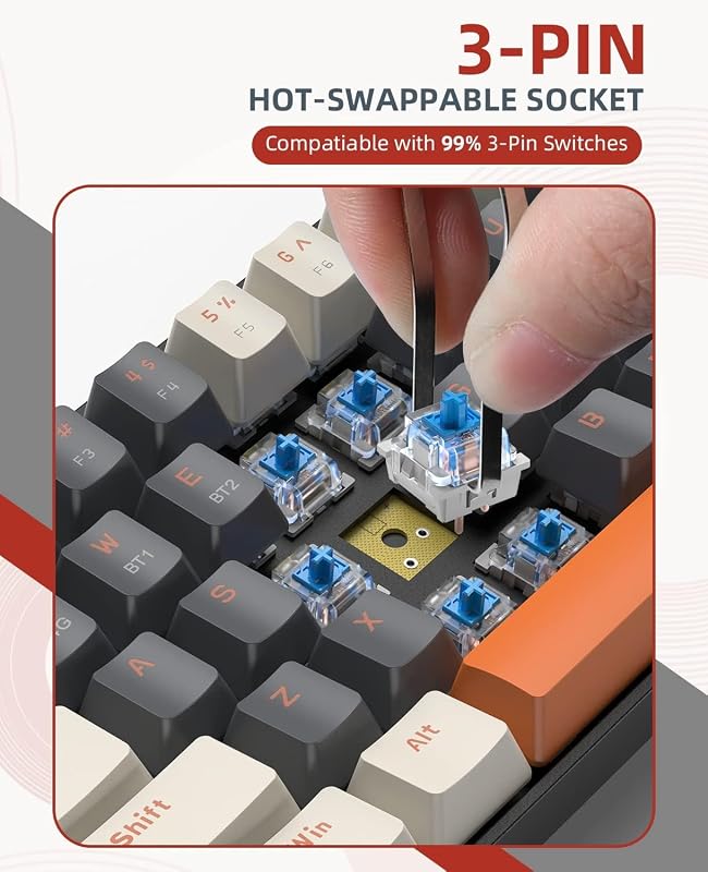 YINDIAO K68 60% Vezeték Nélküli Mechanikus Gaming Billentyűzet, Bluetooth 5.0/2.4 GHz, 68 Gombos Mini Billentyűzet Hot Swap Funkcióval, Kék