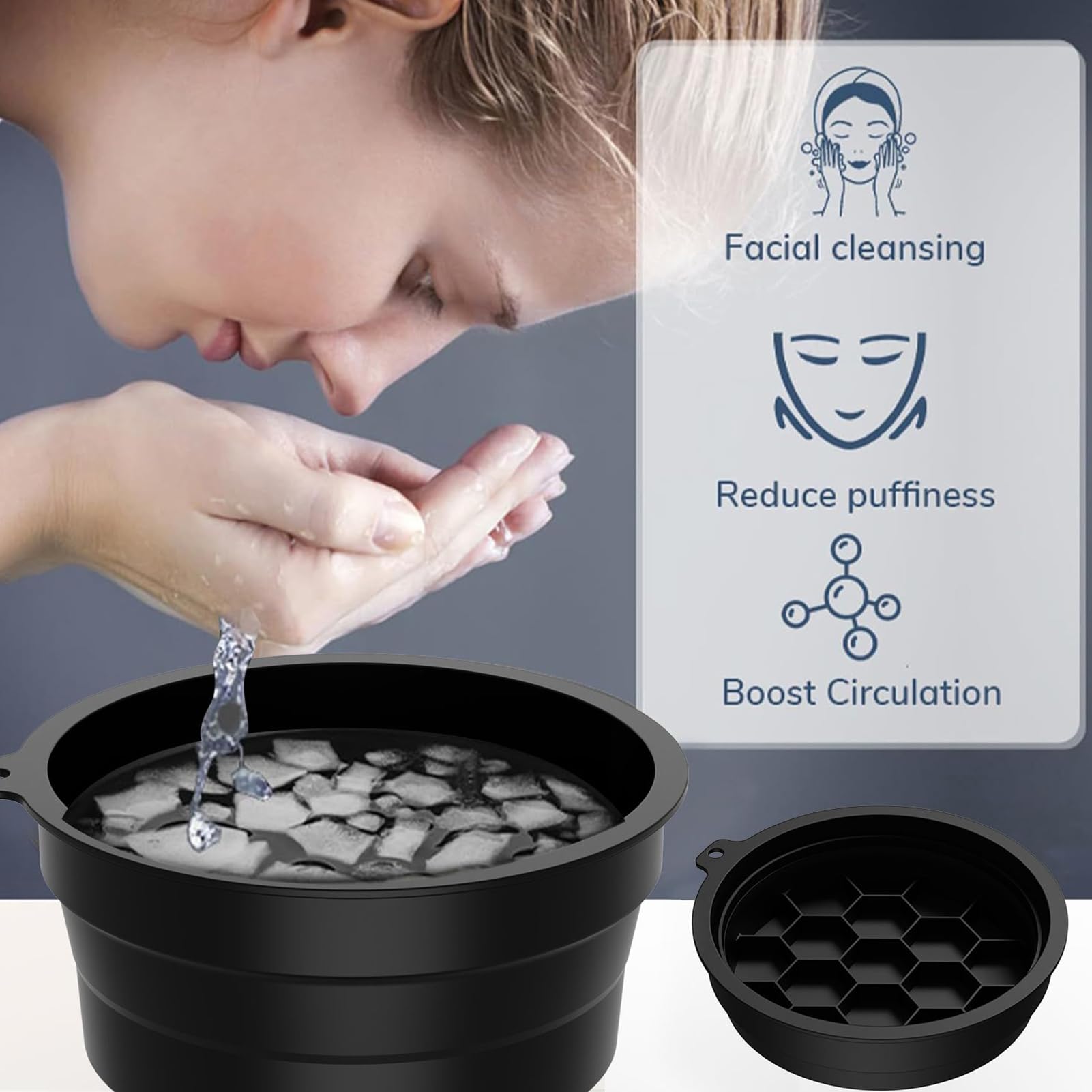 Cuenco facial de hielo, cuencos de inmersión de hielo de cara fría, 8.4 x 3.94 pulgadas, lavabo reafirmante de silicona para la belleza, diseño portátil ligero, ideal para el hogar, vacaciones, viajes