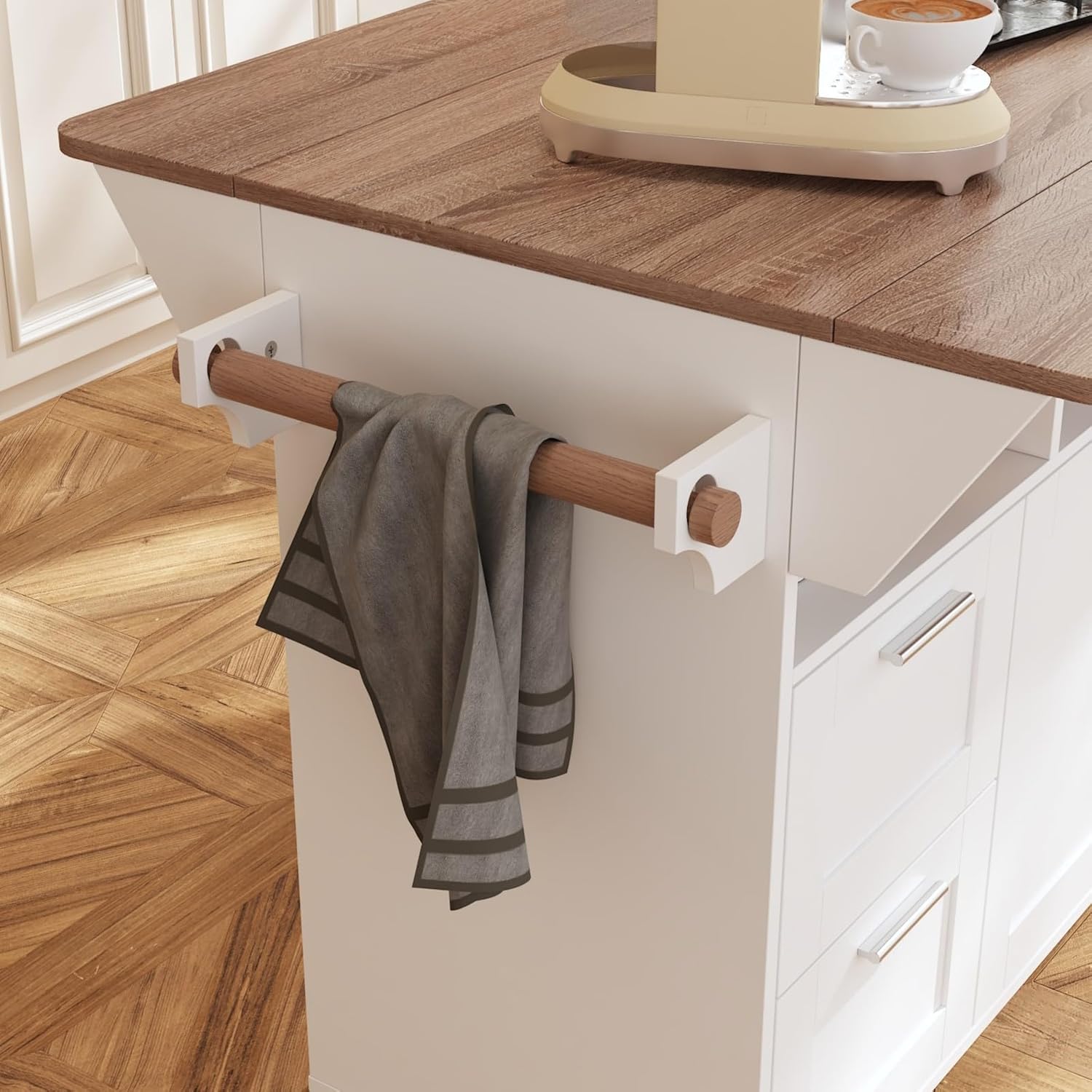 Rolling Kitchen Island Cart with Storage, Mobile Kitchen Island on Wheels with Drop Leaf & 2 Drawers, Adjustable Shelf, Towel Rack & Brown Tabletop, White, 70.9”W x 31.7”D x 35.4”H