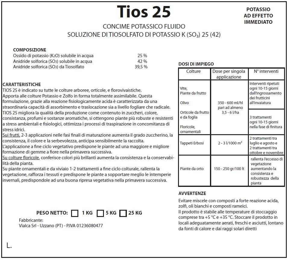 TIOS 25 CONCIME POTASSIO LIQUIDO 25% CONCIME PER OLIVO FIORI E ORTO POTASSICO (LT.5)
