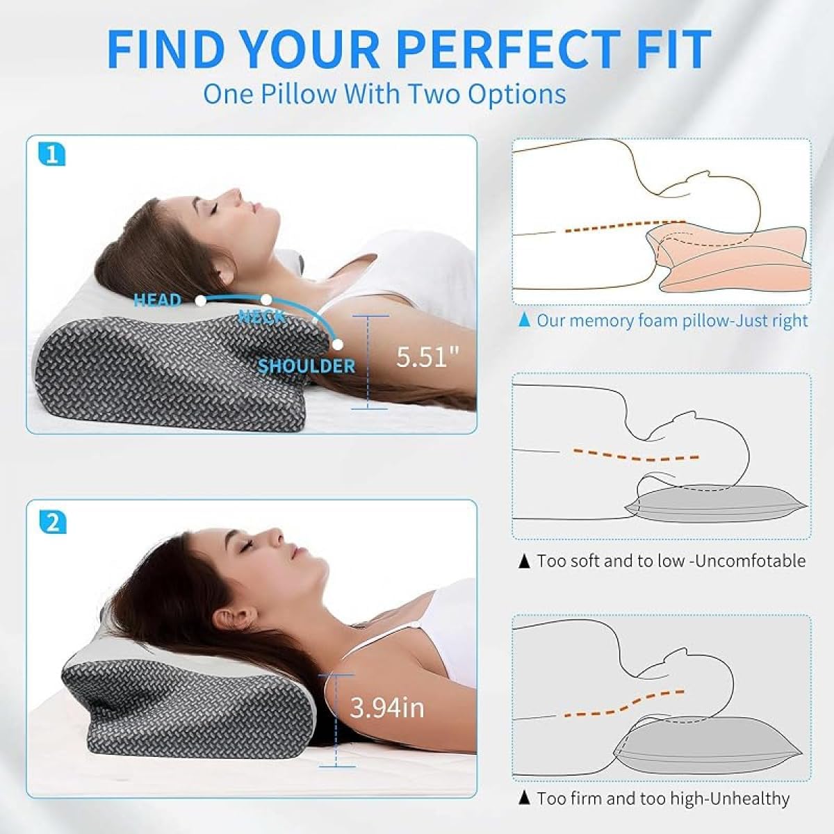 Cervical Neck Pillow: Ergonomic Contour for Side Sleepers, Pain Relief & Neck/Shoulder Support