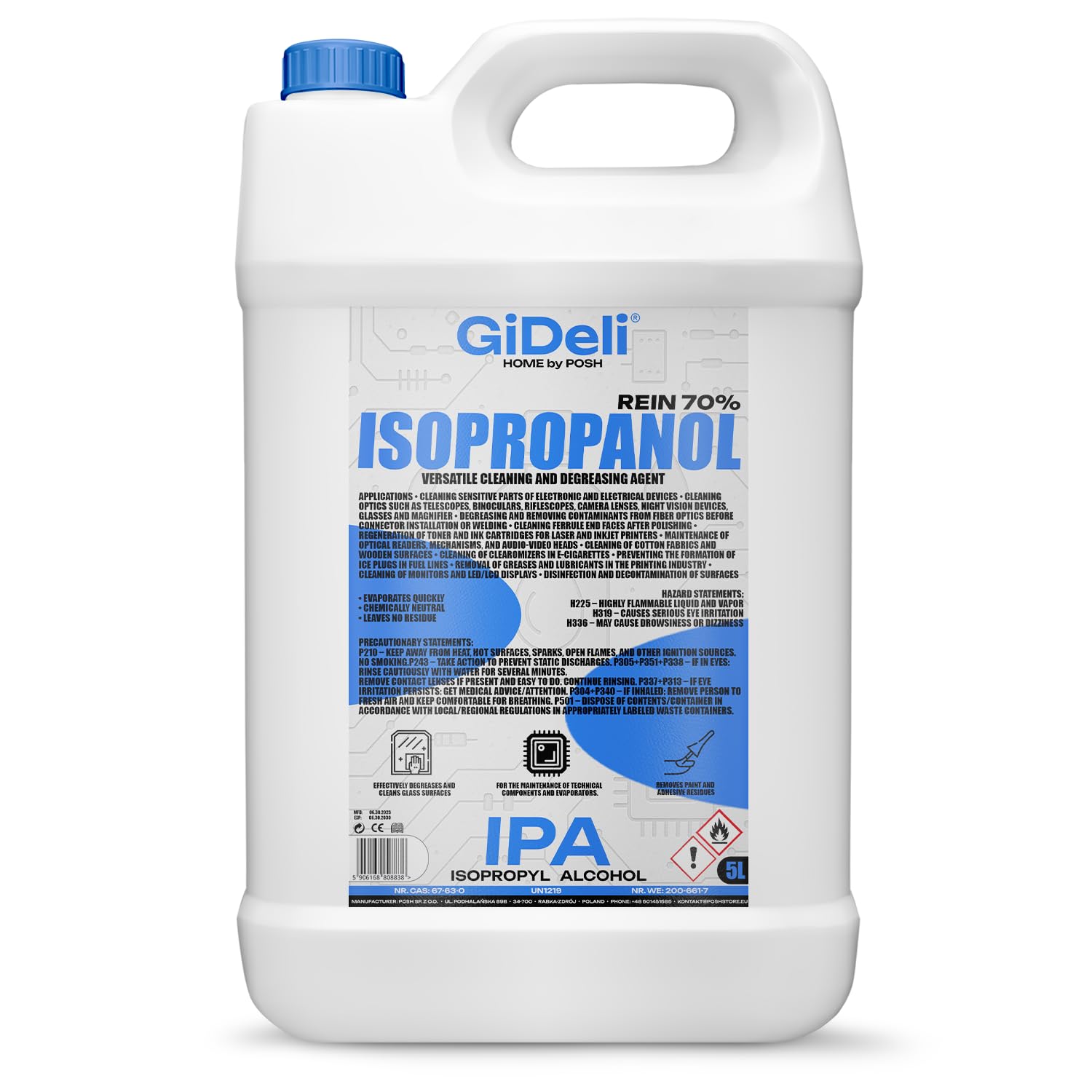 GiDeli Isopropanolo 70% 5 litri detergente alcool isopropilico IPA per pulizia componenti elettronici
