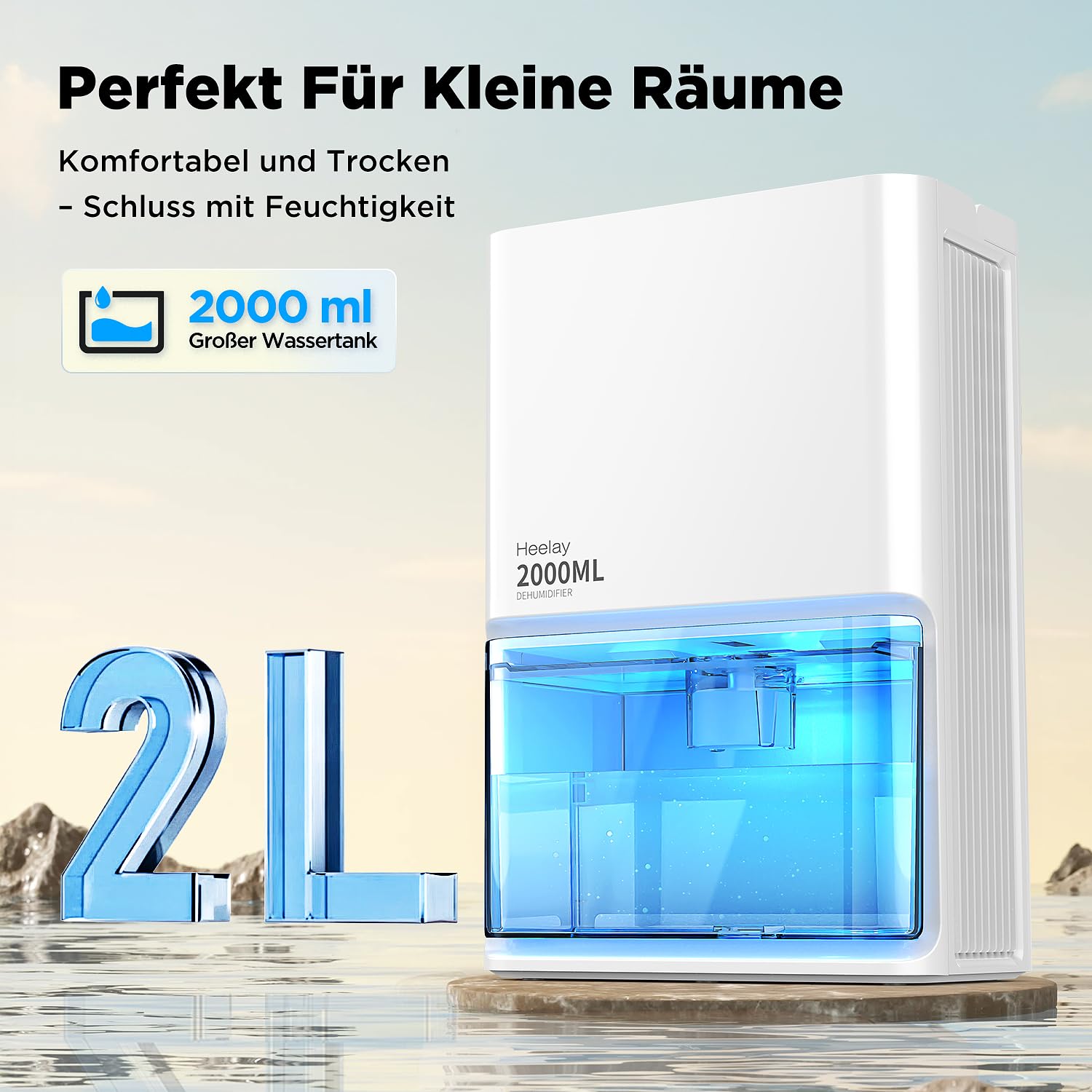 Heelay Deumidificatore elettrico, deumidificatore per ambienti silenziosi da 2L, risparmio energetico, spegnimento automatico, luce a 7 colori, contro umidità e muffa per camera da letto, bagno e casa