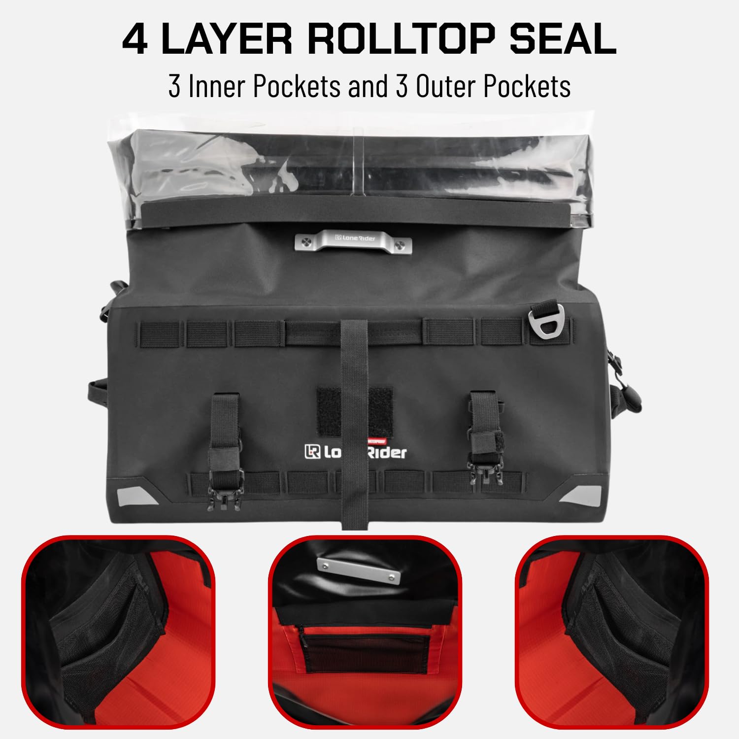 Lone Rider Overlander 30 L - Sac Moto étanche et Extensible pour Porte-Bagages arrière avec Sangles Molle, Rangement pour équipement et Fermeture Enroulable