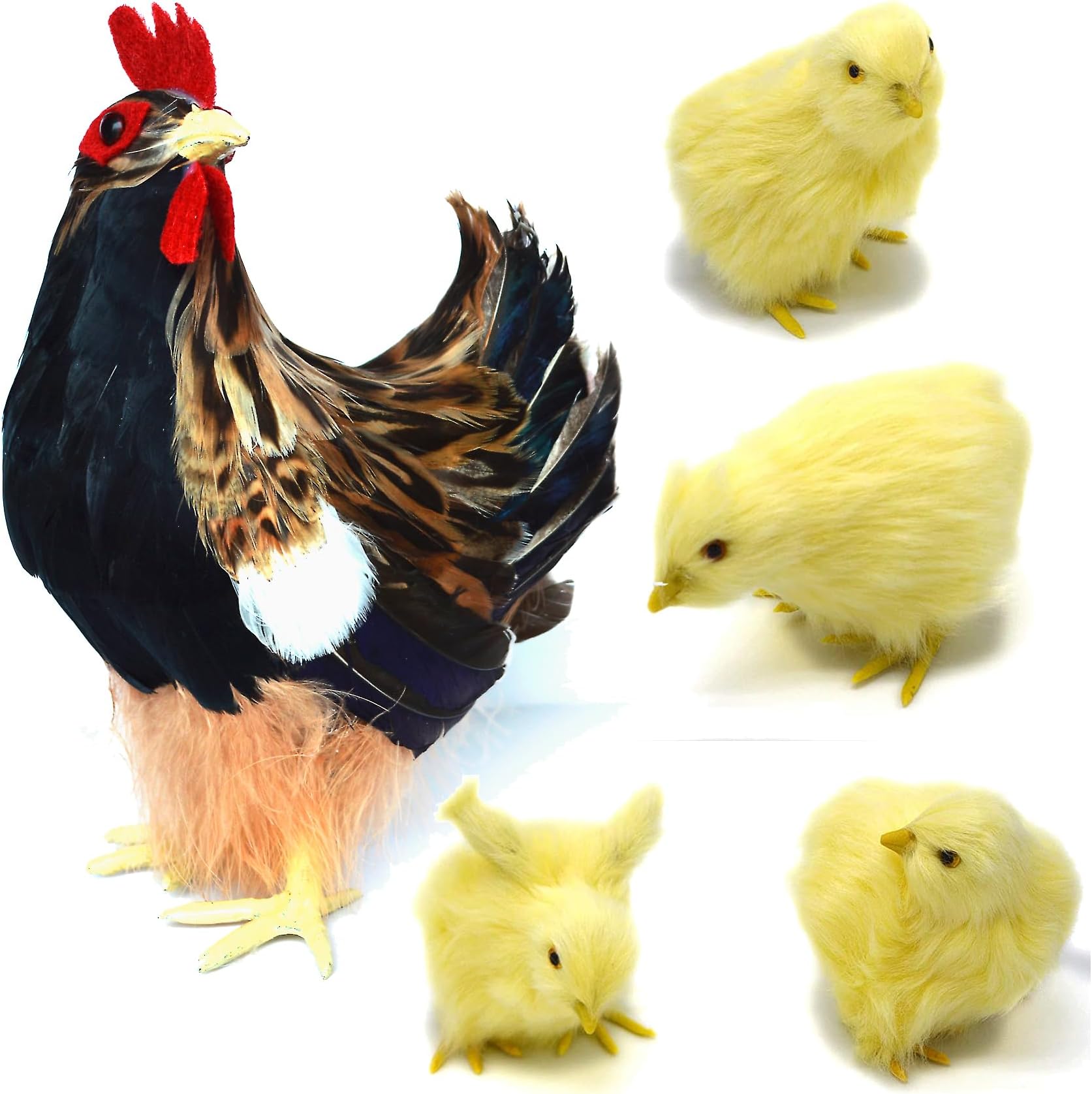 Realistic Small Feathered Hen with 4 Baby Chick Figurine Simulated Chicken Artificial Farm Animals Replica Spring Photography Props Easter Home Store Decoration (Brown)