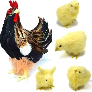 Realistic Small Feathered Hen with 4 Baby Chick Figurine Simulated Chicken Artificial Farm Animals Replica Spring Photography Props Easter Home Store Decoration Brown