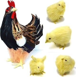Realistic Small Feathered Hen with 4 Baby Chick Figurine Simulated Chicken Artificial Farm Animals Replica Spring Photography Props Easter Home Store Decoration (Brown)
