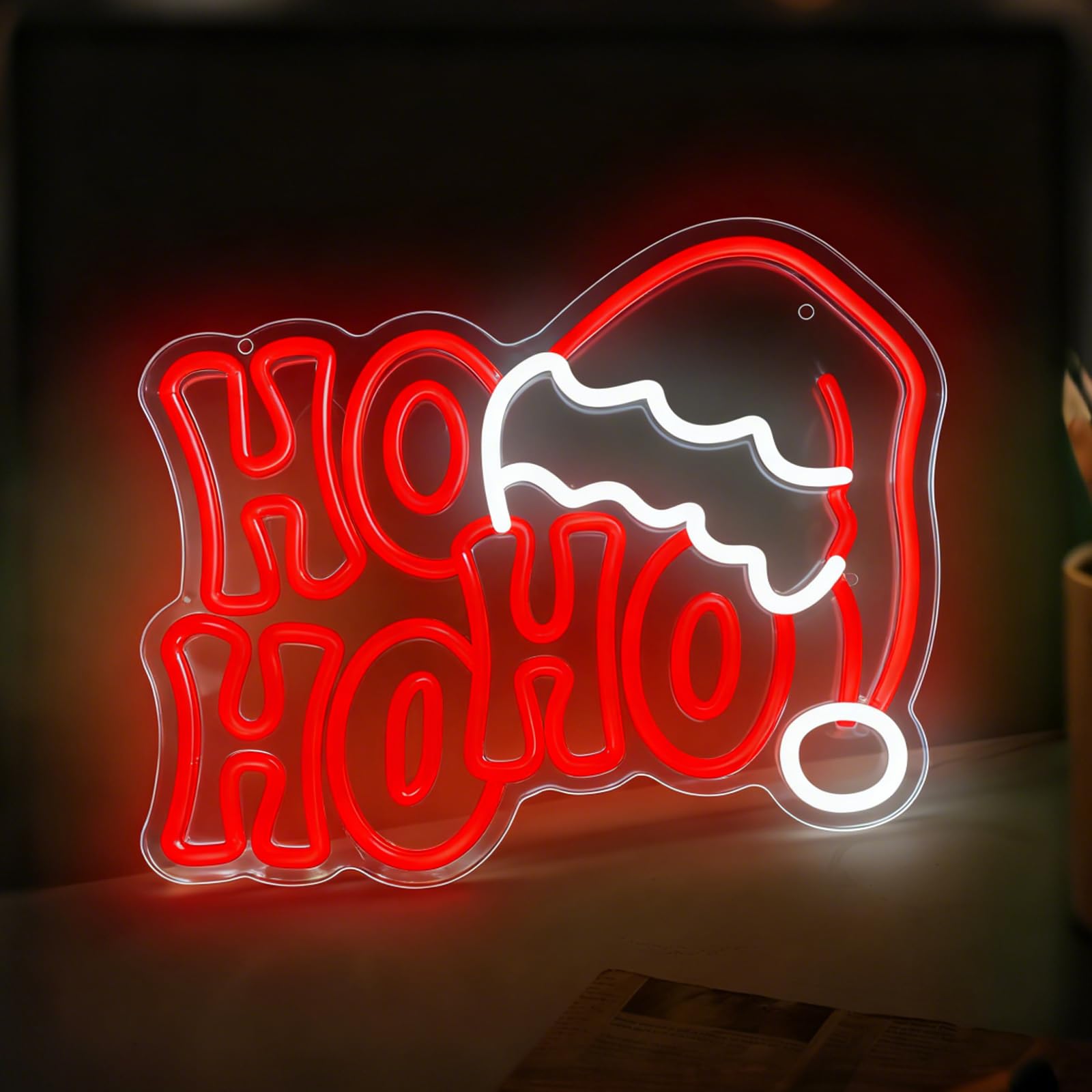 Christmas Neon Sign Hohoho Light up Christmas Sign Decoration Dimmable USB Powered Santa Hat Light for Wall Decor Bedroom Home Party Window Holiday Parties Xmas 13.77”X11.41” — image 1