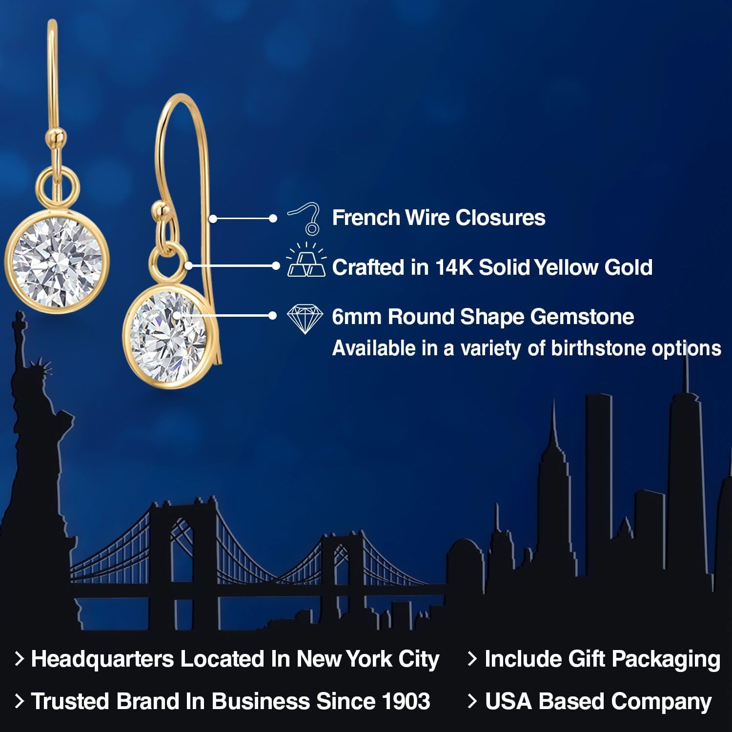 Gem Stone King 14K Yellow Gold Gemstone Birthstone French Wire Drop Dangle Earrings for Women | Round 6MM | Gold Jewelry for Her Mom Wife - Image 2