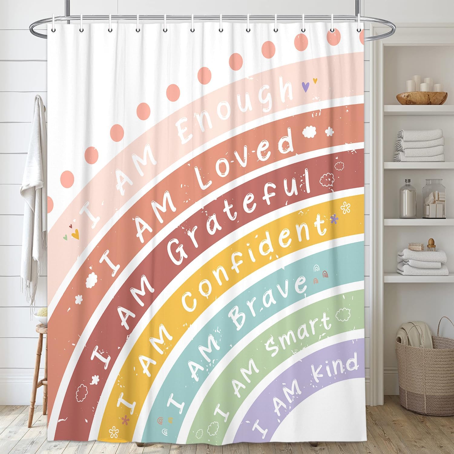 Kids Boho Rainbow Shower Curtain Set for Baby Boys & Girls Bathroom, Colorful Inspirational Quotes Fabric Shower Curtain with Hooks, 72x84 inch