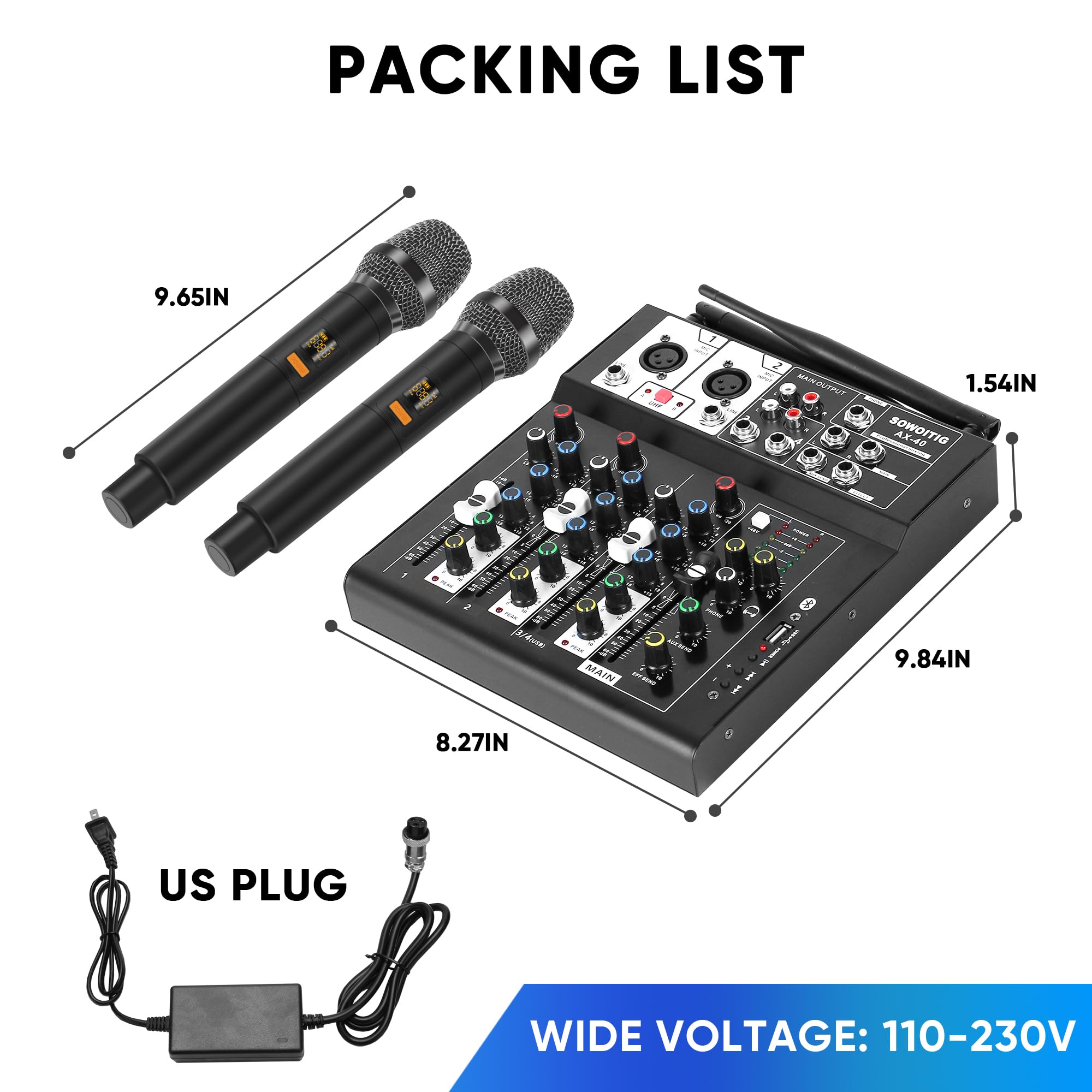 4-kanałowy mikser audio, mikser do karaoke z dwoma mikrofonami bezprzewodowymi, profesjonalna płyta dźwiękowa, konsola miksująca DJ, MP3, Bluetooth, 48 V, zasilanie fantomowe, interfejs USB