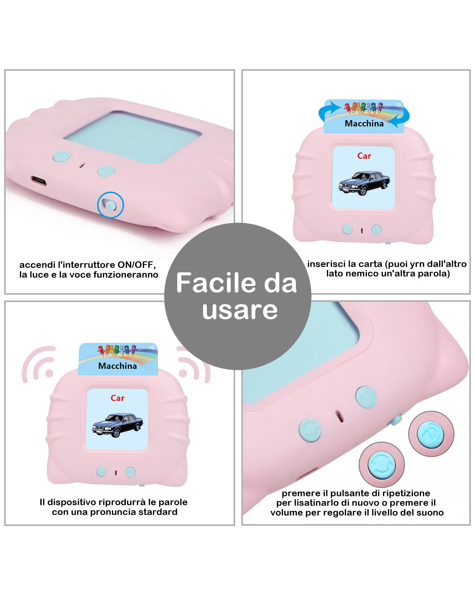 Schede Flash Cards Parlanti,Giocattoli di Apprendimento per Bambini dai 1-12 Anni, Educativi Prescolari da Ascoltare e Imparare di Base 510 Parole(Rosa italiano + inglese)