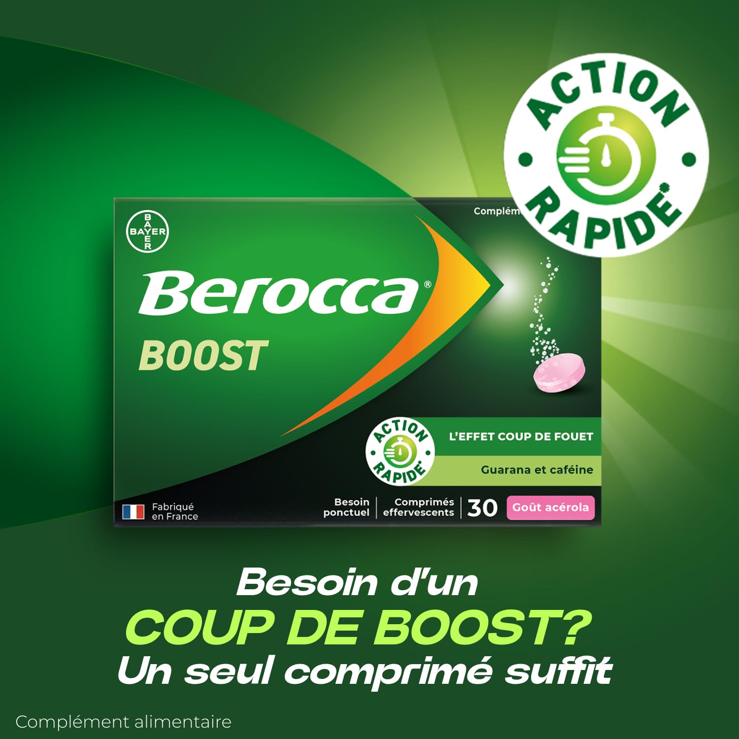 Berocca® Boost - Effet coup de fouet - Aide à réduire la fatigue -Vitamine B12, Guarana, Caféine, Vitamine C et Magnésium, Goût Acérola - Complément Alimentaire - 2x30 cp effervescents