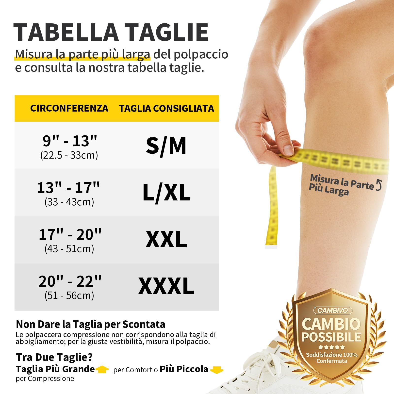 CAMBIVO 2 Paia Polpaccera Compressione Uomo Donna, Calze Compressione, Gambaletti Compressione, Fascia Elastiche Polpaccio, per Corsa, Fitness, Sport, Calcio, Ciclismo, Circolazione, Vene Varicose