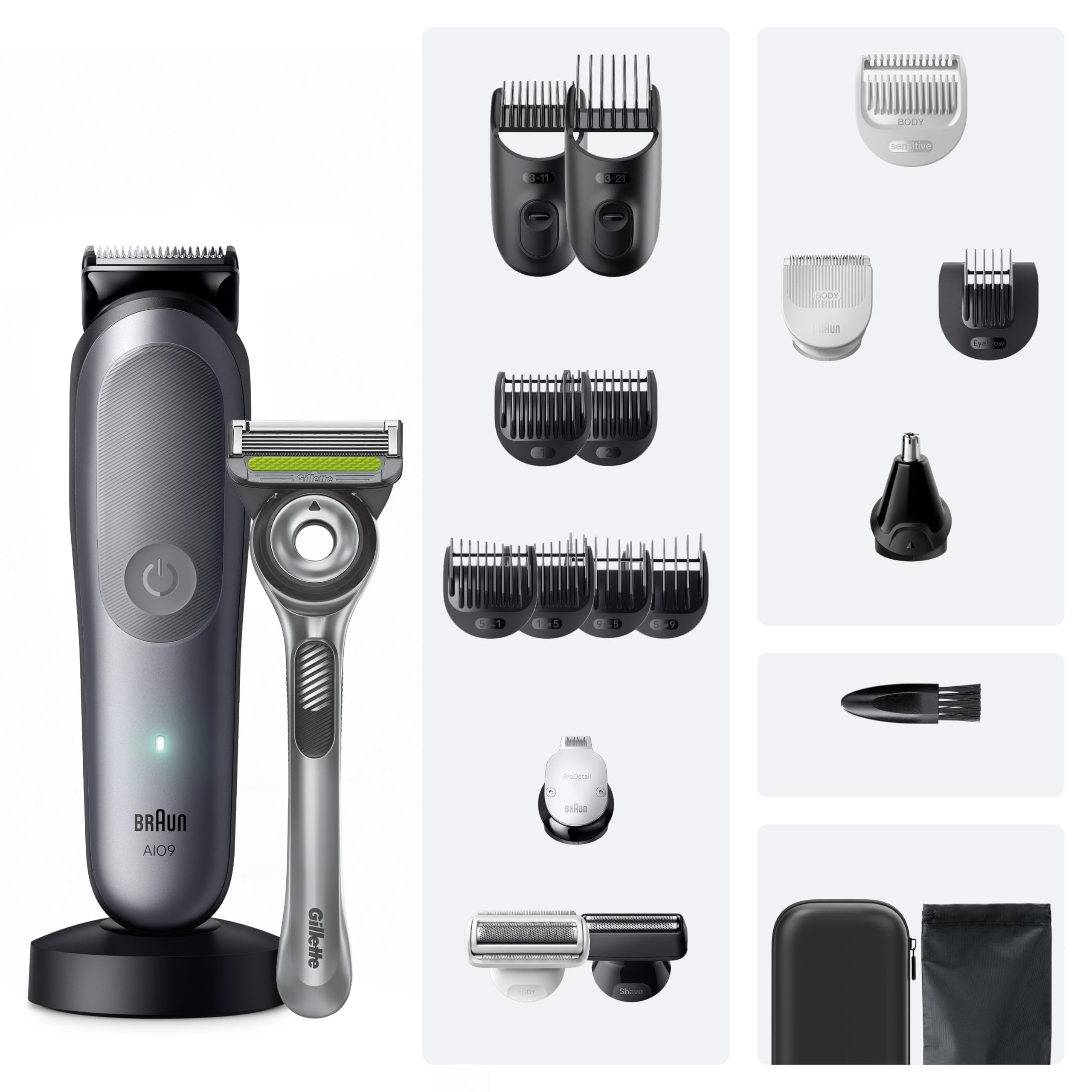 Braun Multigroom All-in-One Series 9, 20-in-1 Trimmer, AIO9540, Grau | Barttrimmer, Nasenhaartrimmer, Haarschneidemaschine, 14 Längen, 120 Min. Akku, Wasserdicht, Inkl. Gillette Labs Rasierer