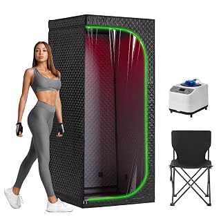 Portable Full-Body Steam Sauna Tent for Home – Large Indoor Personal Sauna with 9 Heat Levels, 3L Steamer, Remote, Foldable Chair and Transparent Window (Red Light Version, Black) - Amazon product rated Grade A