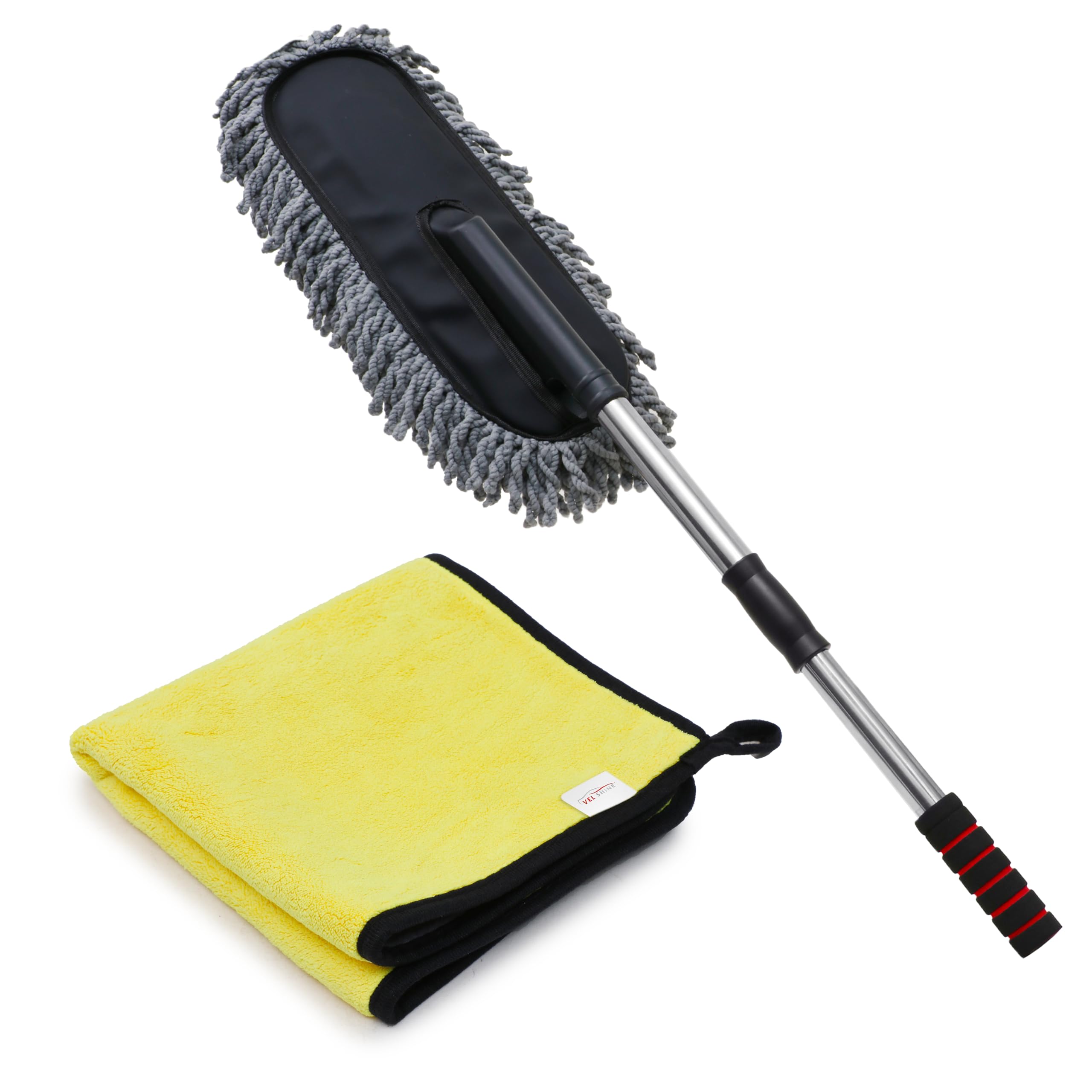 VEL SHINE Combo of Car Cleaning Brush and Microfiber Cloth 800 GSM (40x40 CM). Includes Extra Thick Microfiber Cloth and Car Duster Microfiber for Efficient Dusting and Polishing.