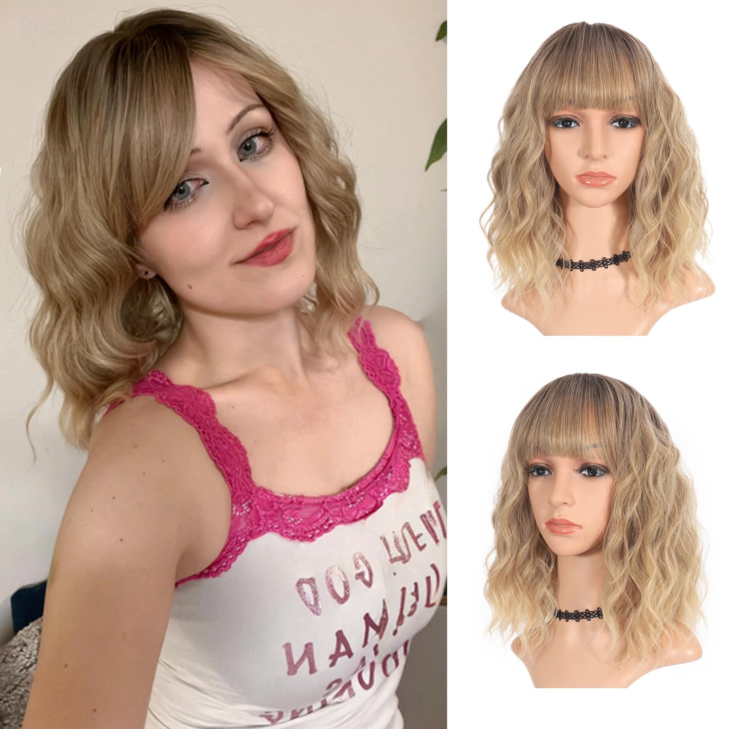 MINLEE Ombre Blonde Wig with Bangs for Women 14 Inch Short Bob Wavy Curly Wig Ombre Blonde Hair Wigs Heat Resistant Synthetic Wigs