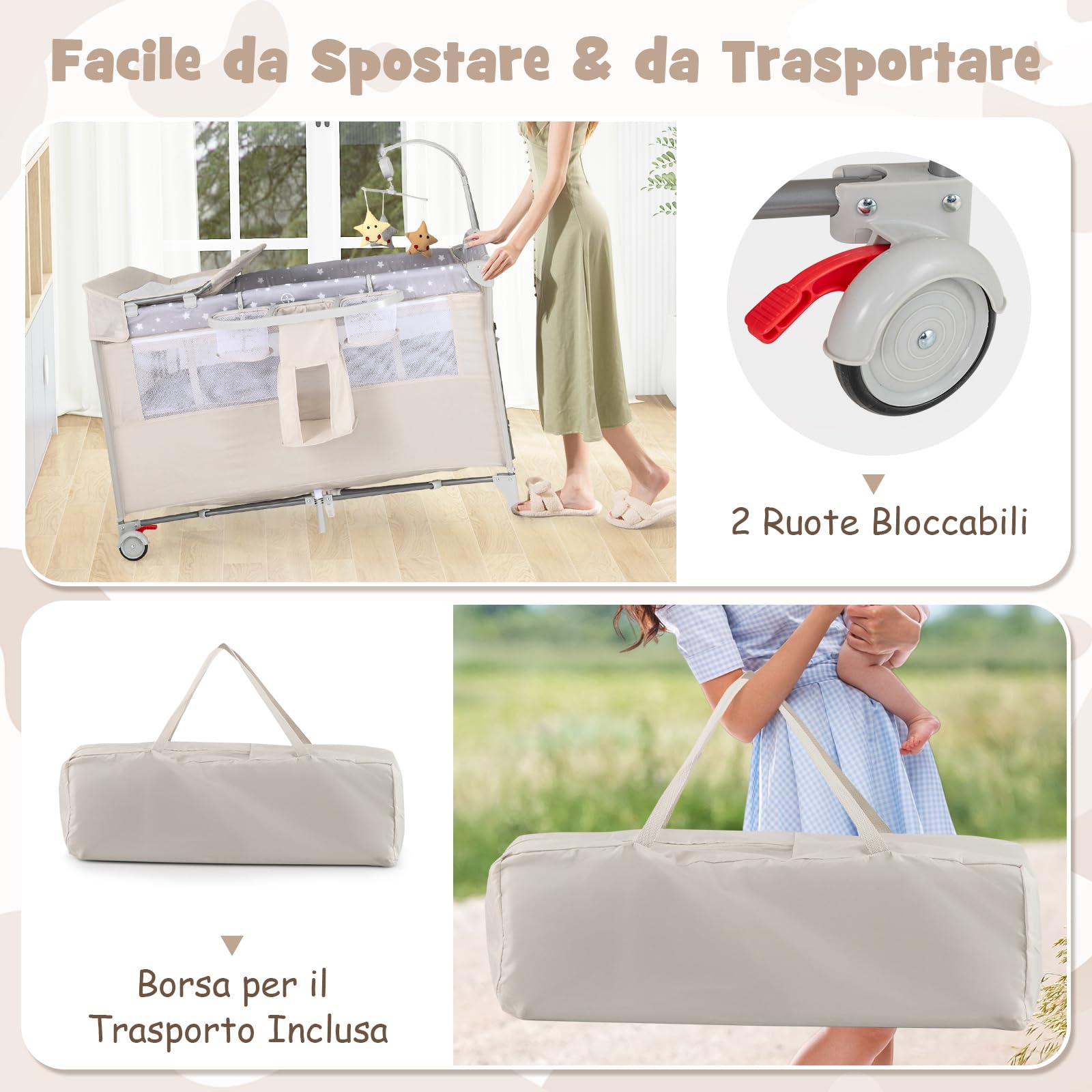 COSTWAY 5 in 1 Lettino per Bambini con Materasso, Lettino Culla da Viaggio per Neonati, Culla Neonato con Fasciatoio, Box Portatile Pieghevole, con Ruote e Borsa, 125 x 65 x 119 cm (Beige)