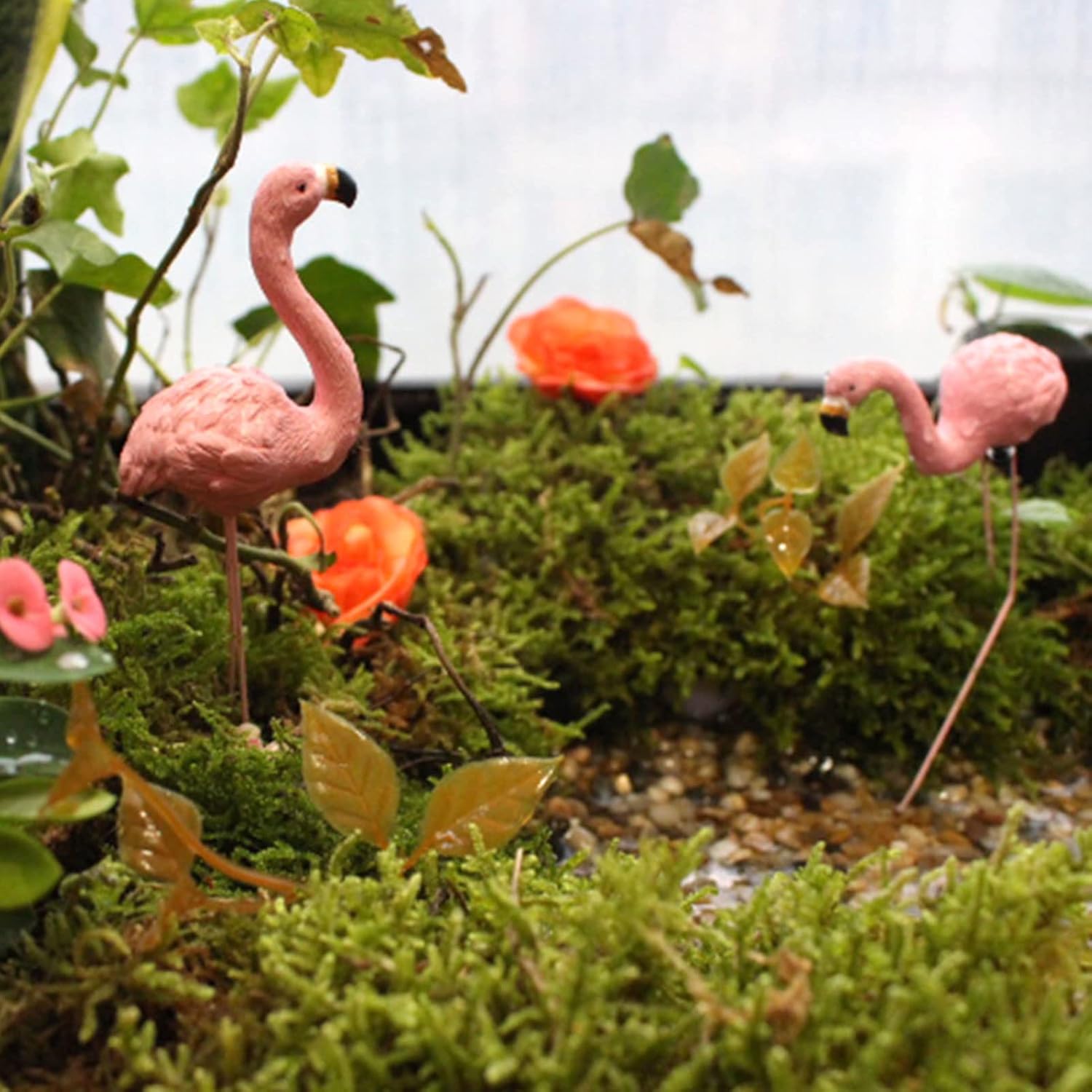 4PCS Mini Flamingos, Flamingo Decor, Pink Flamingos, Garden Statue, with Metal Legs, for Yard Lawn Patio Decorations