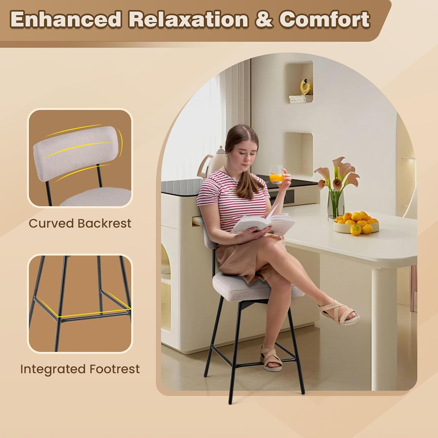 Giantex Swivel Bar Stools Set of 2, 25" Upholstered Counter Height Bar Chairs w/Padded Seat & Backrest, Footrest, Metal Frame, Modern Linen Fabric Barstools for Dining Room, Kitchen Island, Beige