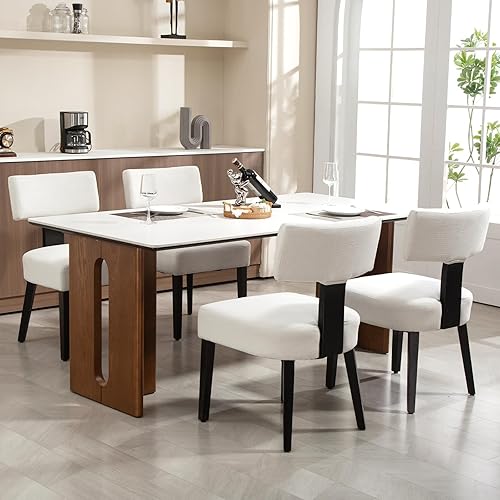 Miniatura 27 de Juego de 4 sillas de comedor tapizadas de ratán, sillas de comedor estilo de mediados de siglo moderno con tela, con estructura de madera dura Marco