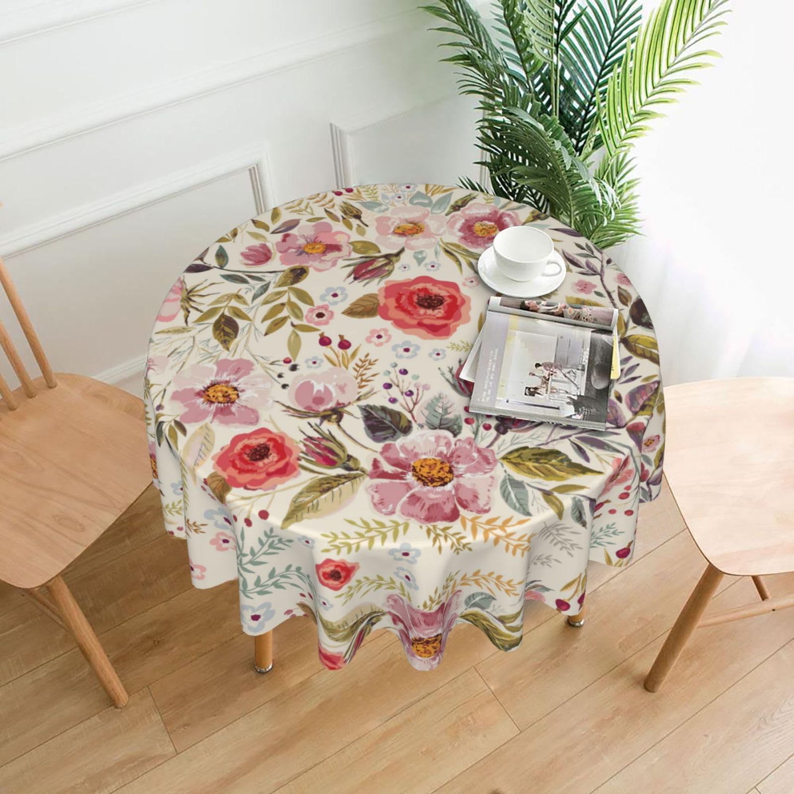 Wksgdsg Modern Floral Waterproof Round Tablecloth 152 Cm, Tablecloths For Parties, Farmhouse Wrinkle-Resistant Polyester Table Cover For Indoor/Outdoor Dining Decor, Fits 51-120 Cm Tables