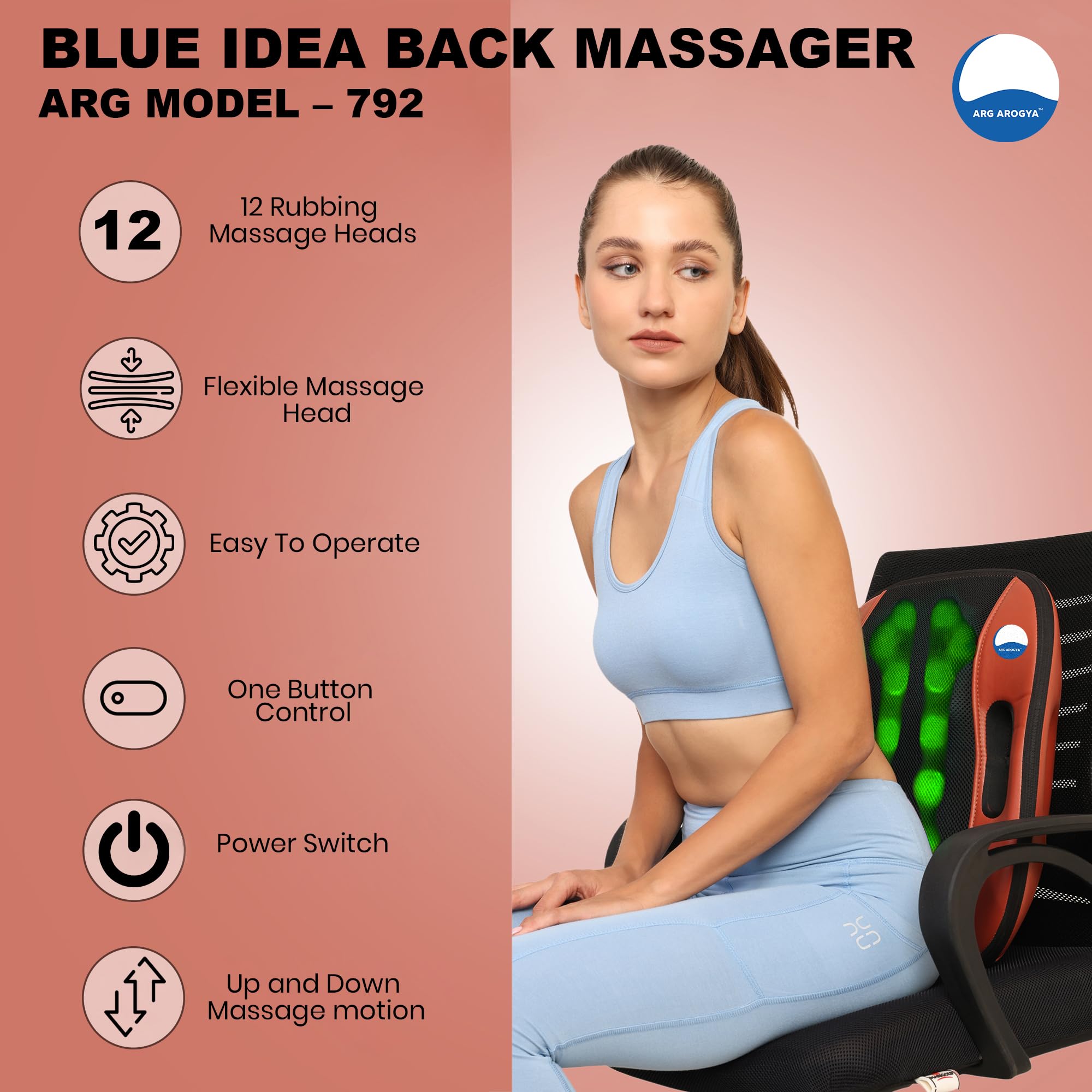 ARG Arogya Blue Idea Back Massager Cushion Multifunction 360° Up and Down 12 Rubbing Balls Full Body Pain Relief Massager For Neck, Back, Calf, Shoulder, Palm, Lower Leg, Thigh Relaxation - Image 2 thumbnail