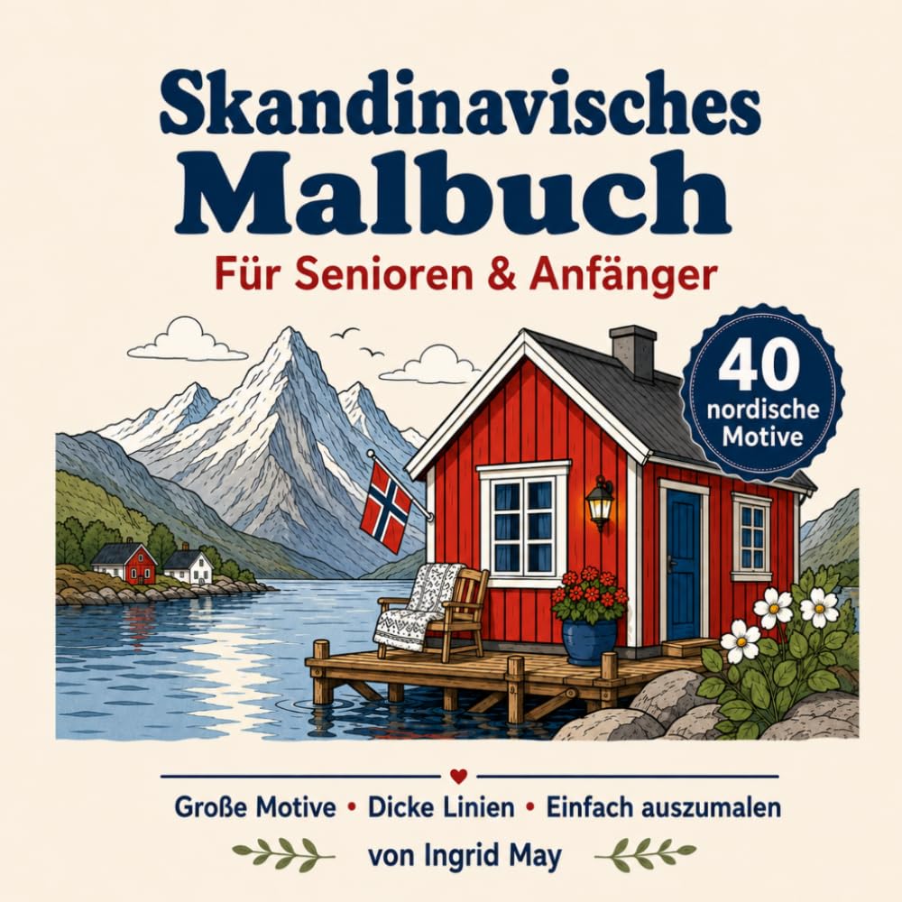 Skandinavisches Malbuch für Senioren: 40 einfache Ausmalmotive mit dicken Linien und großen Flächen – Fjorde, Küsten, Tiere, Hütten und gemütliche nordische Szenen