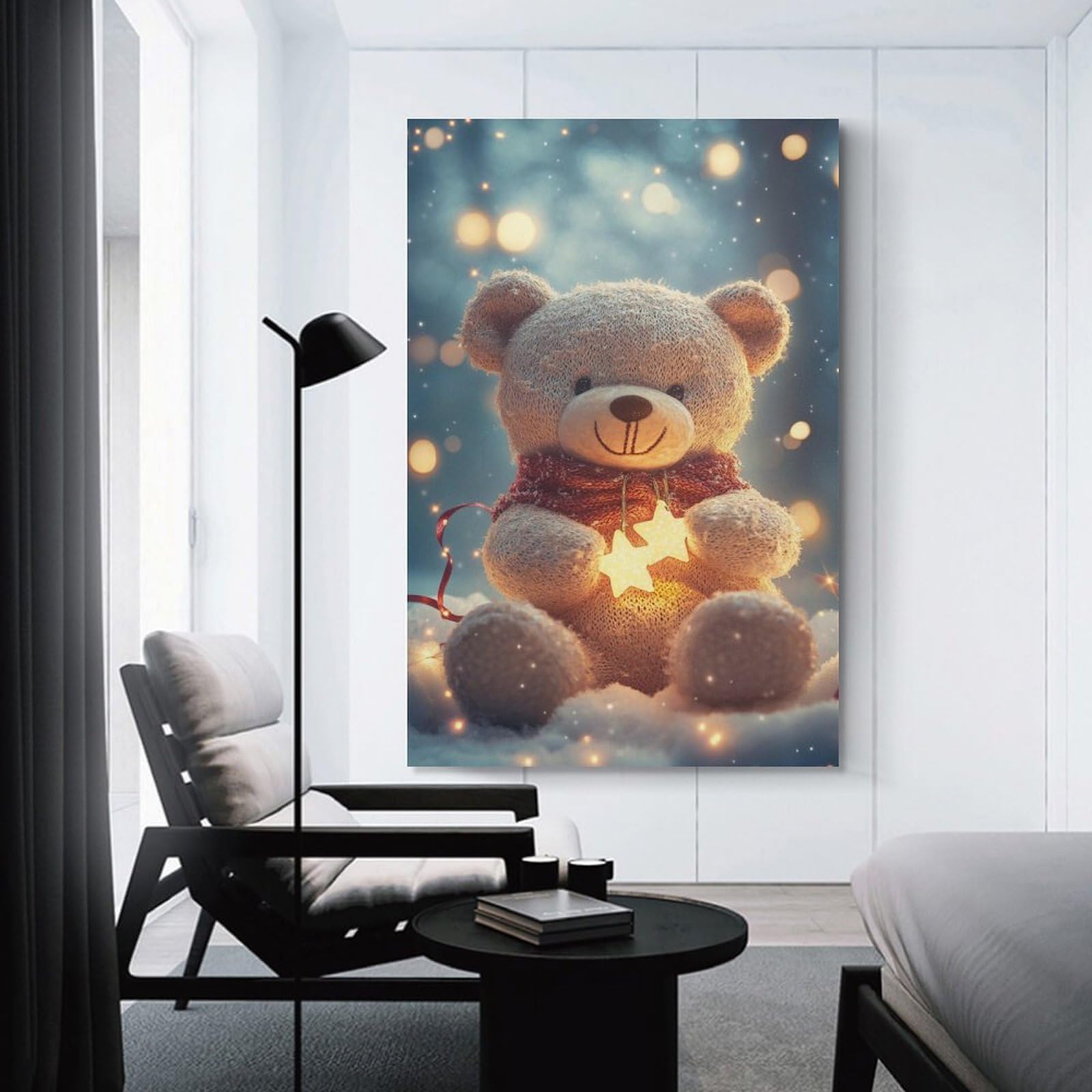 Junmoney Christmas Teddy Bear with Lights Hanging Wall Art 24x36inch(60x90cm), for Restful Interiors, Bedrooms Or Small Rooms, Home Artwork with A Soft Interior Feel