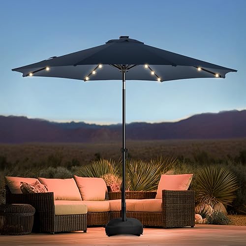 wikiwiki 10FT Solar Led Patio Umbrella with Base Included, 32 LED Lights, 8 Sturdy Ribs, Fade Resistant Waterproof POLYESTER DTY Canopy for Garden, Lawn, Deck, Backyard & Pool, Navy Blue