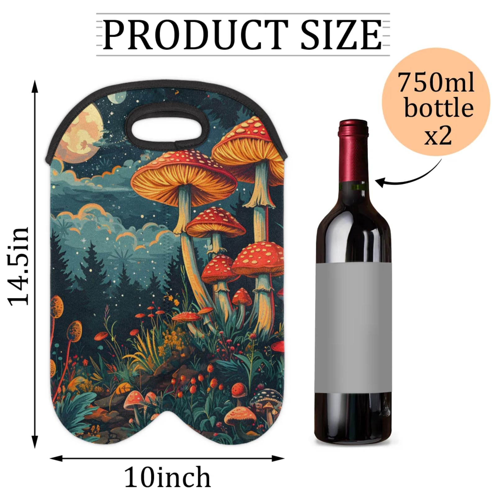 GzLeyigou 2 Bottles Red Mushrooms Wine Bag Sleeve Totes Neoprene Protective Wine Carrier Bag for Wine,Water, Champagne, Beer, Baby Bottles,Gift 14.5 x 10 Inches