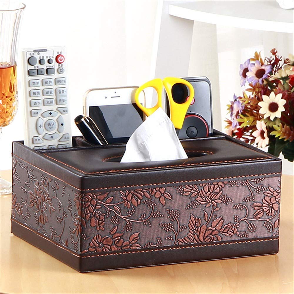 XBR Feuchttücher-Box, Tissue Box Bover, Multifunktions-Tissue-Box Fernbedienung Stift Desktop-Aufbewahrung Papierhandtuchhalter Leder geprägte Kosmetikbox 23,5 x 16 x 9,5 cm quadratisch braun