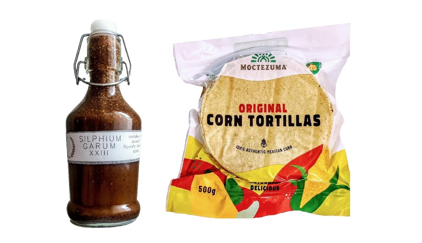 Tortilla auténticas tortillas mexicanas con nixtamal, veganas, sin OGM, 500 g y Silphium Garum, 220 ml
