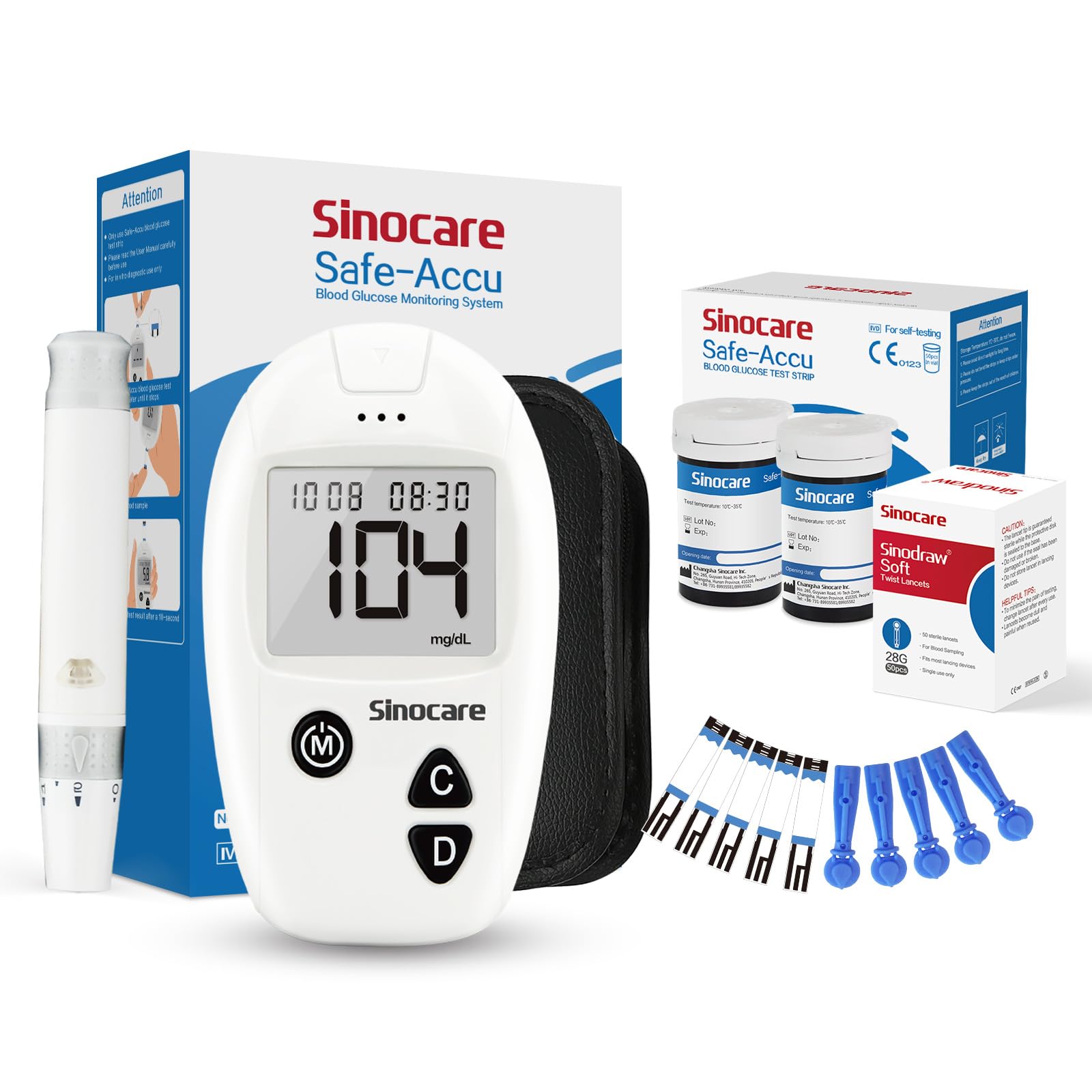 SINOCARE SAFE ACCU Blood Glucose Monitor/Machine | With 50 Strips and Lancets, One Lancet Device | No Coding required, 200 Memory, Upto 28 Days Average | Safe, Accurate and Reliable Glucometer