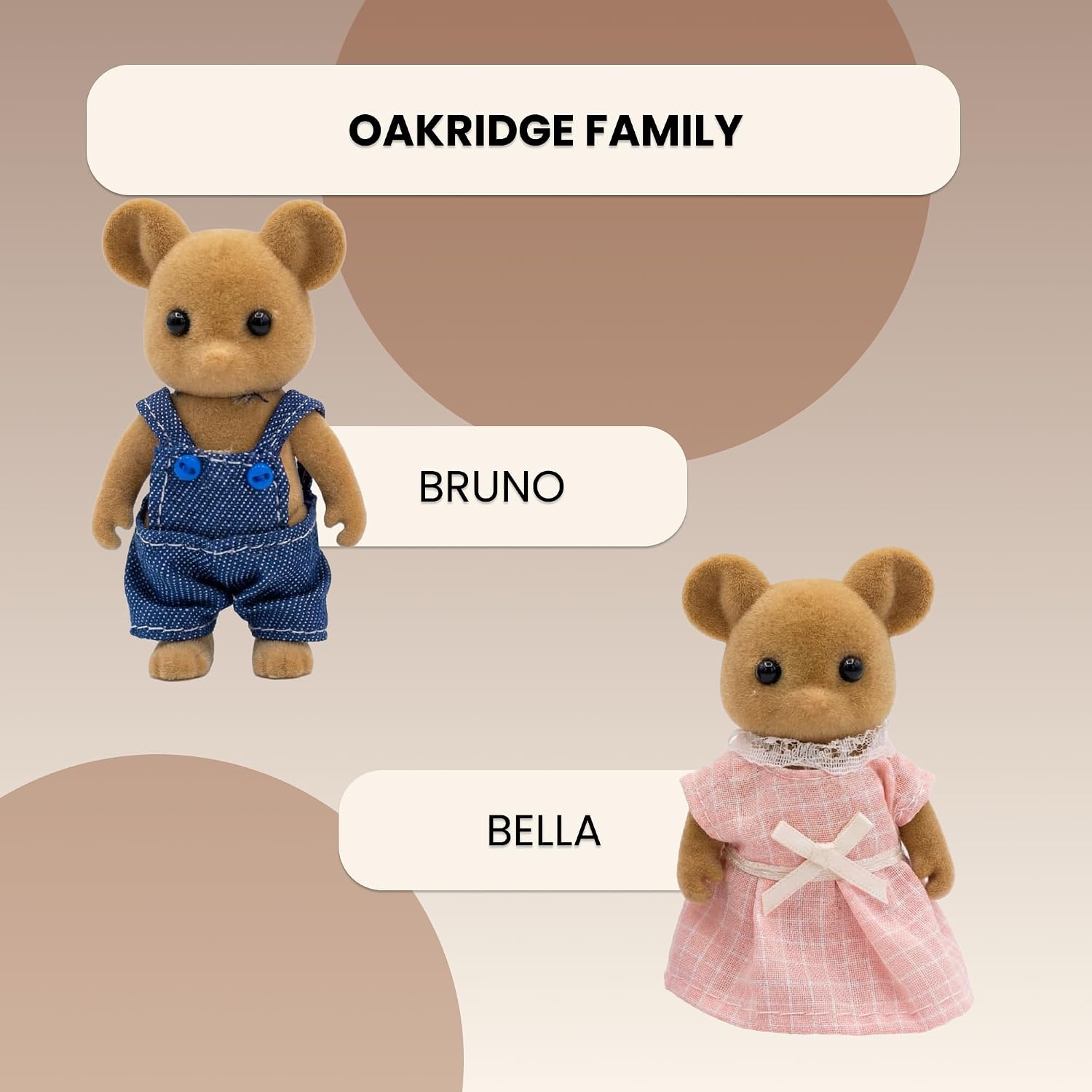 Family Brown Mouse Figures — Set of 2 Collectible Flocked Mini Dolls with Removable Clothes, Dollhouse Pretend Play Set for Kids Ages 3+