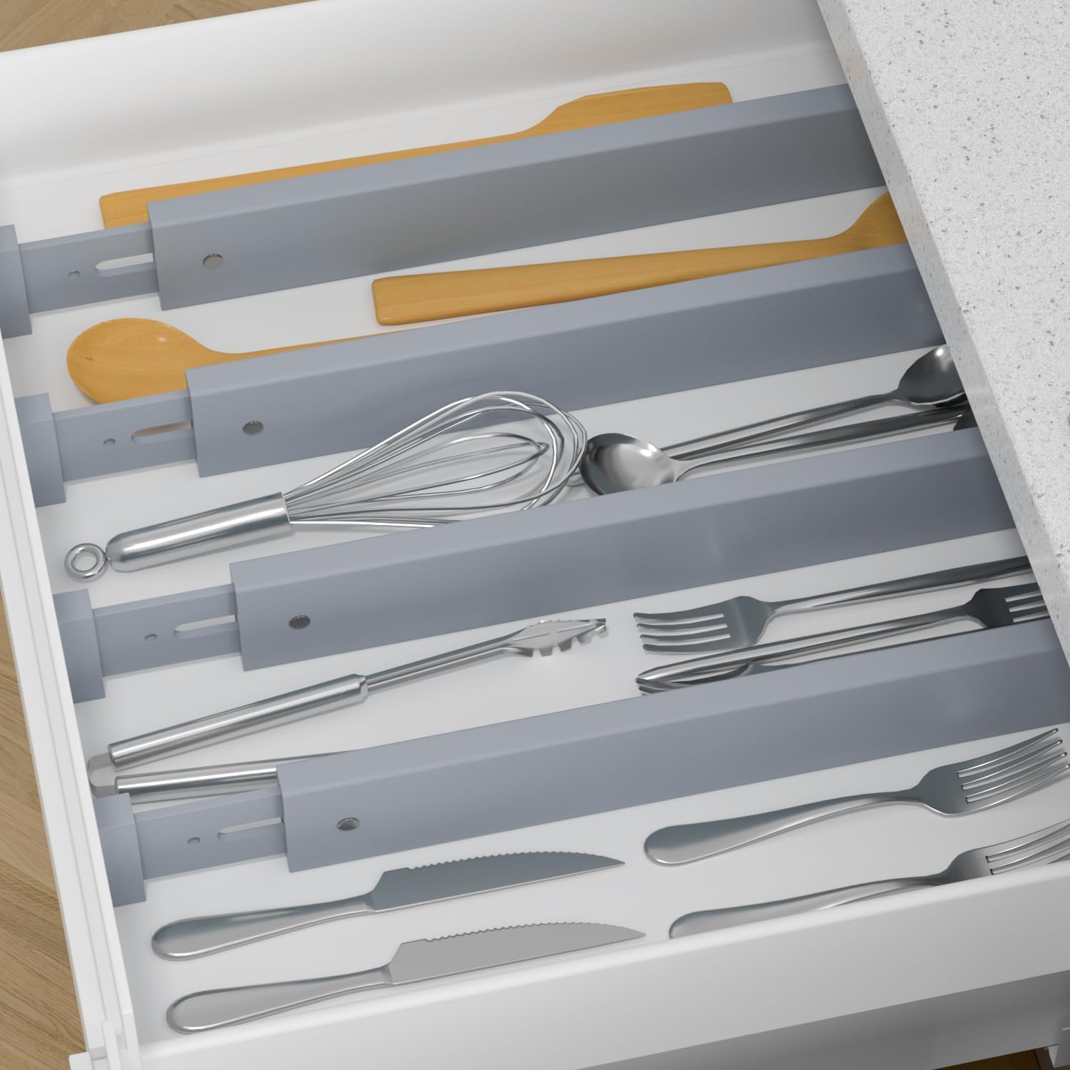 Confezione da 4 divisori regolabili in bambù per cassetti, 43-56 cm, organizer espandibile per utensili da cucina, cassettiera, bagno e camera da letto, rivestimento grigio