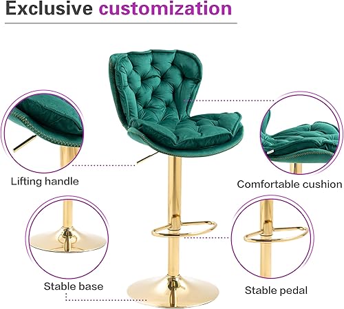 Miniatura 5 de Taburetes de bar de altura de mostrador, juego de 2 taburetes de bar giratorios de terciopelo para taburete de cocina, taburete de mostrador de