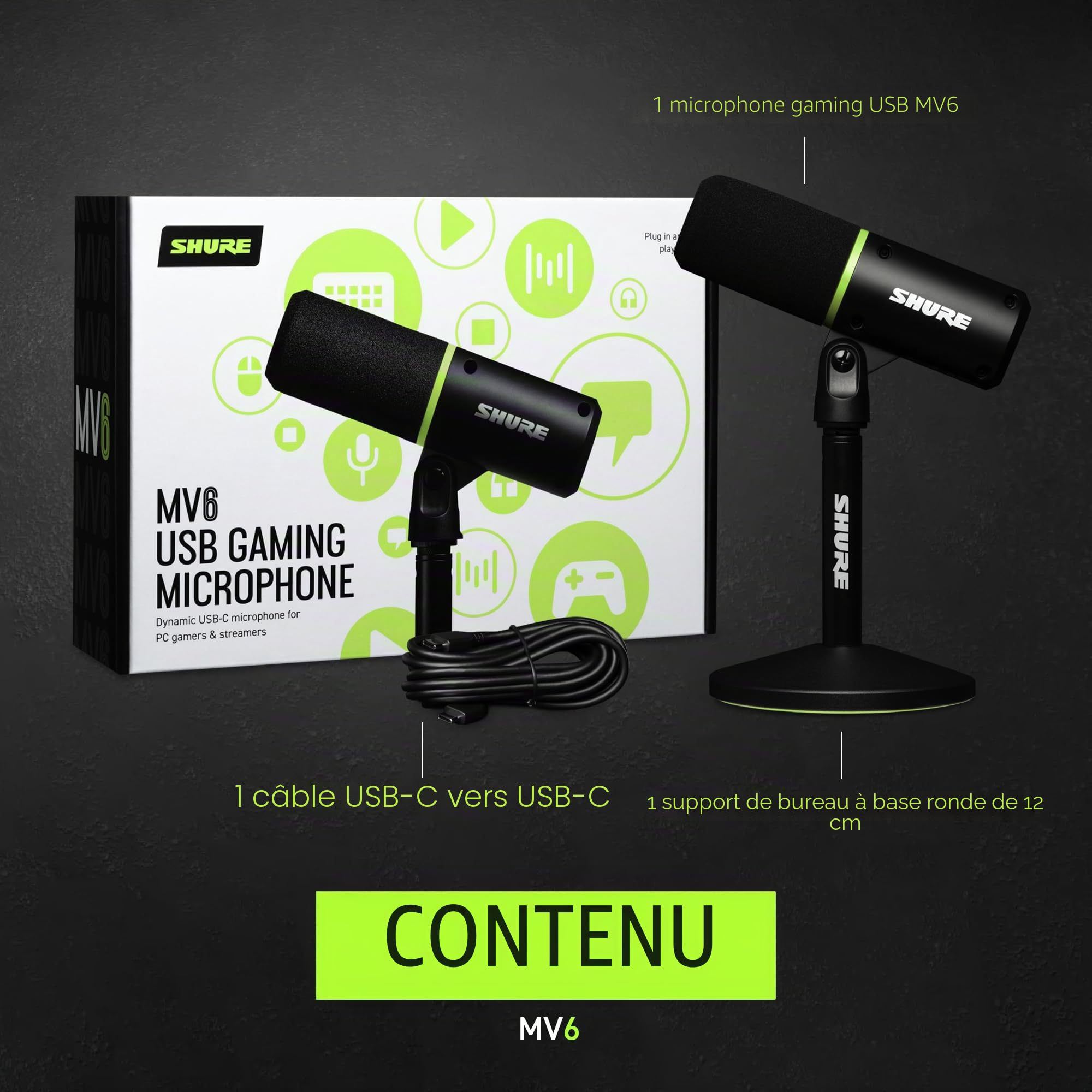 Shure MV6 Micro USB Gaming, USB-C, Microphone Dynamique, Mode Auto Level, Digital Popper Stopper, pour PC Gamers, Streamers